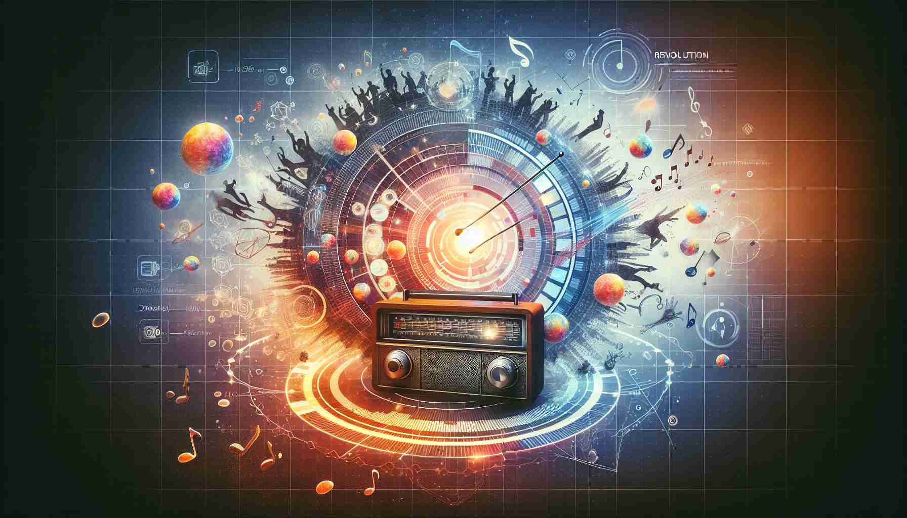 Generate an image of a concept representing revolution in music promotion. The scene could include innovative radio technology, diagrams explaining state-of-the-art insights, and abstract symbols denoting artistic creativity. The focus should be on the interaction between modern technology and music, allowing artists to reach broader audiences. Details might include a high-definition digital radio, data visualizations on a presentation screen, and ethereal musical notes floating around, symbolizing the music reaching diverse areas.