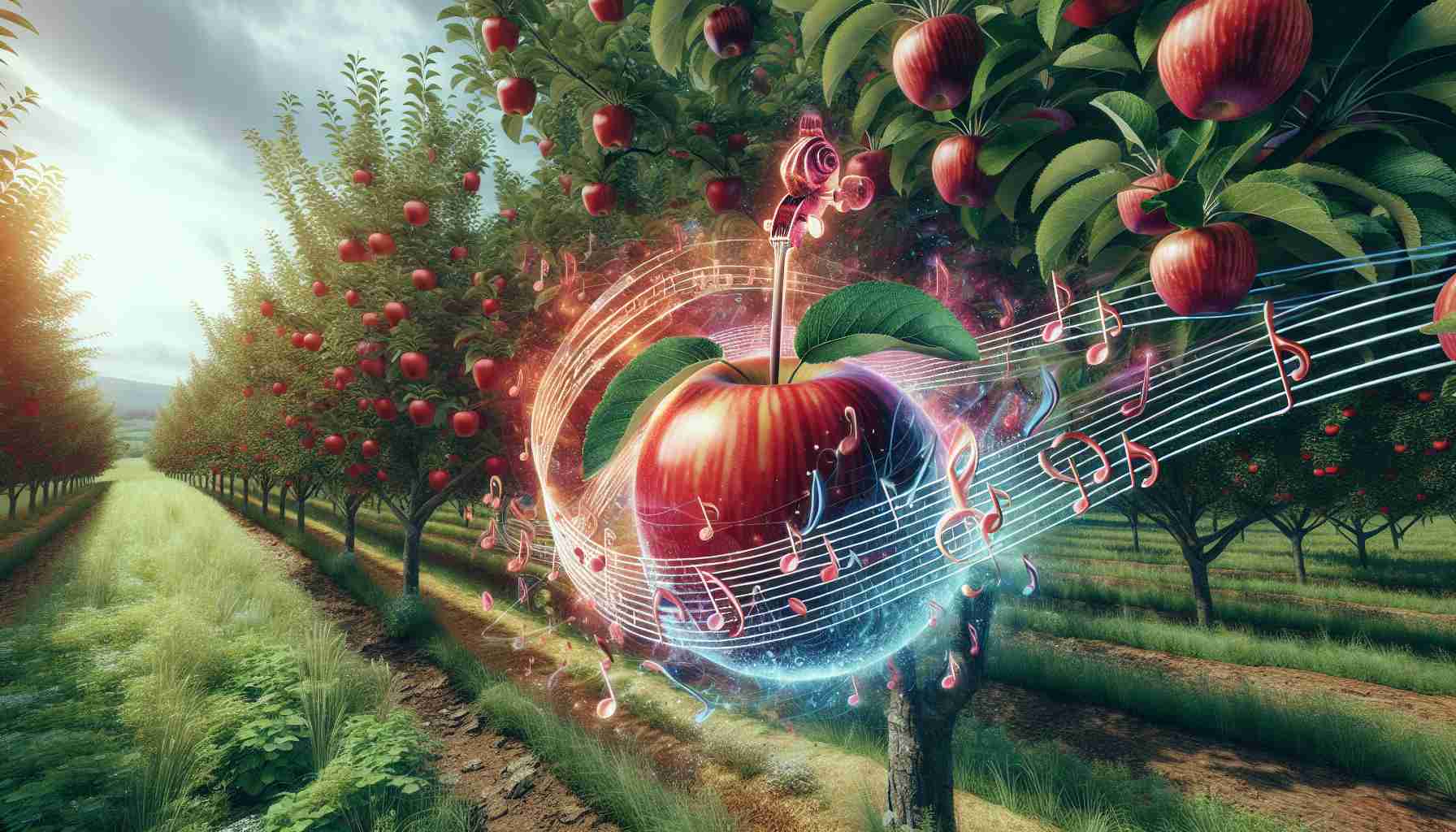 A realistic, high-definition image showcasing the theme 'Melodic Delights: Apple Expands Classical Music Partnerships'. Picture a vibrant apple orchard with trees laden with shining red apples, indicating prosperity. Add an overlay of classical music notes flowing through the orchard, symbolizing the fusion of nature and melody. Include visual elements that represent partnership, such as crossed violins or joined hands.