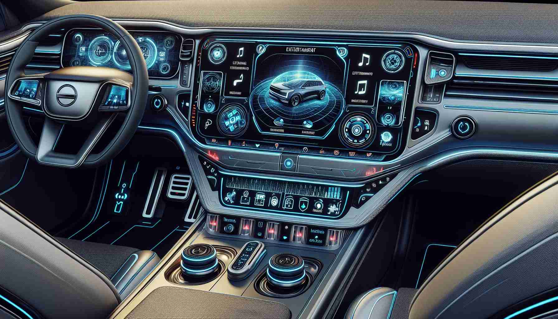 A detailed image of futuristic in-car entertainment using cutting-edge technology. The interior of the car showcases a large, multi-functional display taking the place of the dashboard. The display shows navigation, entertainment options such as music playlists and streaming services. To the sides, integrated controls for climate and vehicle setting adjustments. On the rear seats, individual entertainment systems are presented. High resolution and realistic detailing is emphasized, portraying the advanced technology within the car.