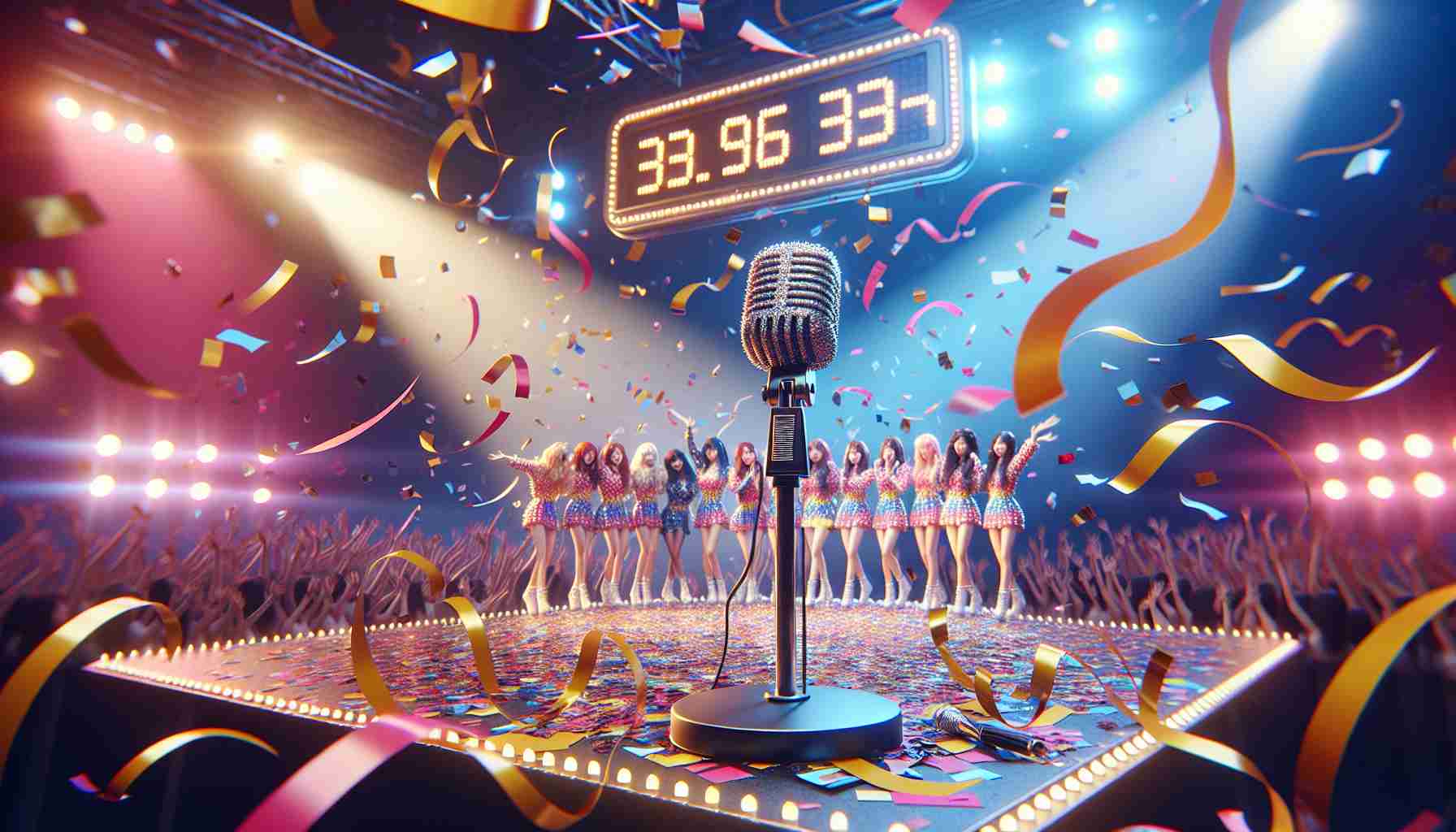 A high-definition, hyper-realistic image showcasing a metaphorical representation of a booming success for a girls' pop music band. The scene capture a large countdown clock showing high numbers, ticker tapes fluttering in the air and celebratory confetti falling around a microphone on a stage. The color palette is filled vibrant colors conveying the excitement and joy of a monumental achievement in the music industry.