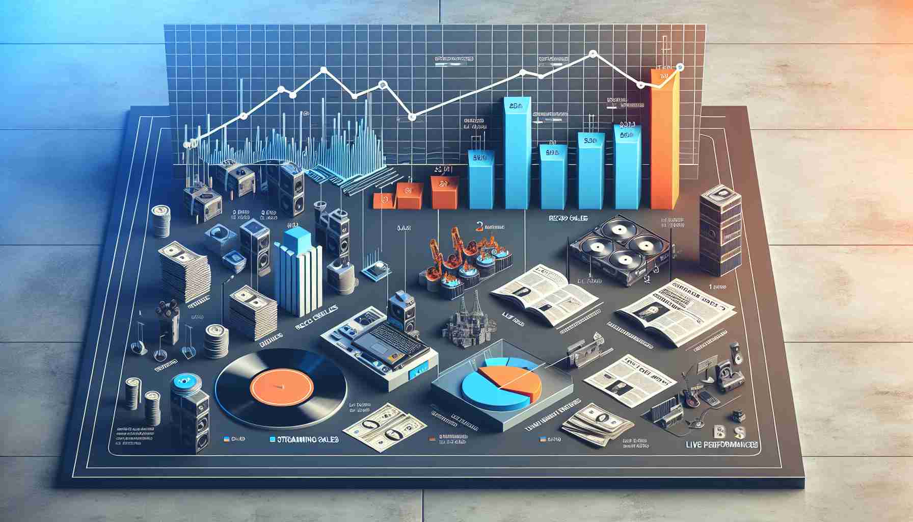 Create a detailed and realistic High Definition (HD) infographic showcasing the divergence in earnings within the music industry based on the latest reports. This image should include various types of music revenue streams, such as record sales, streaming services, live performances, and merchandise. The infographic should display contrasting colors for different revenue sources. Please also include trend lines indicating the rise or fall of these sectors over time, as detailed by the latest data. Finally, ensure that the information is arranged in a clear, visually appealing, and easily understandable format.