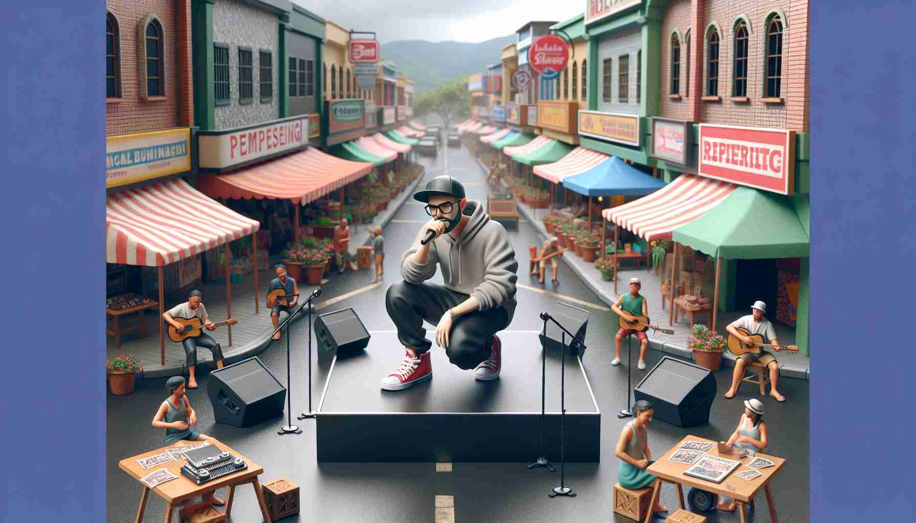 Realistic high-definition photo of a local hip-hop artist, who is renowned for empowering local businesses with his music. The artist is portrayed performing on a stage located in the center of a vibrant local street market. Surrounding him are several small independent businesses thriving, influenced by the artist's entrepreneurial spirit and uplifting music.