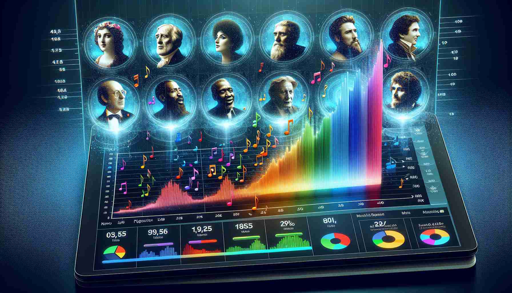 A hyper-realistic, high definition image depicting a fictitious, impressive new statistical report for a group of legendary, anonymous musicians on a popular music streaming platform resembling Spotify. The featured artists have a range of diverse musical styles from opera to jazz to rock and roll. The stats interface features numerous musical notes, sound wave graphics, and brightly colored bar graphs exhibiting the success and popularity of these artists.