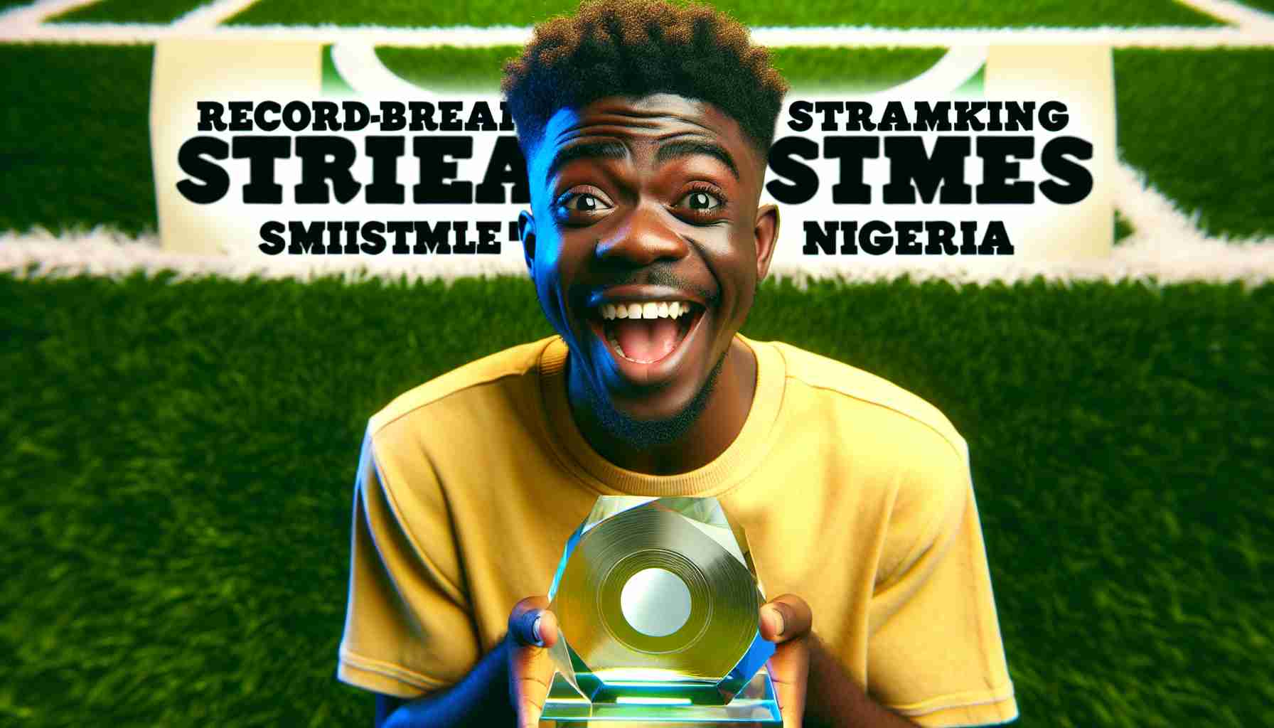 A HD photo headlines highlighting Record-Breaking Streaming Milestone achievement in Nigeria. In the photo, a young Black male artist with short curly hair, wearing a yellow short-sleeved shirt, excitement is evident on his face. He is holding a clear glass award, reflecting his recent accomplishment. The football pitch serves as the backdrop, indicating his love for the sport apart from music. The wordings 'Record-Breaking Streaming Milestone in Nigeria' are displayed across the bottom of the image in bold letters.