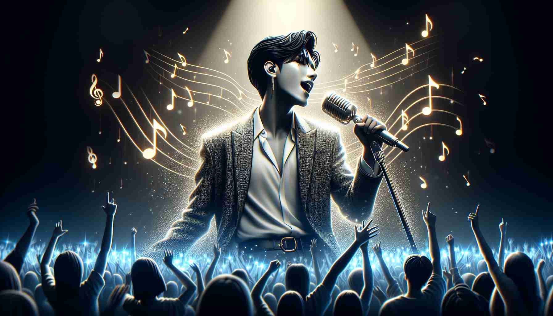 Create a highly-detailed image representing the solo success of an abstract, unidentified male K-pop artist. Try to capture the emotion and excitement of a new era in K-pop music. This image could convey musical notes coming out of a stylish microphone, or stage lights illuminating the performance of an enthusiastic singer with black hair, a slim physique, and fashion-forward clothing, typical for K-pop stars. Don't forget to portray enthusiasm and cheering from a diverse crowd of fans in the background to signify his popularity.