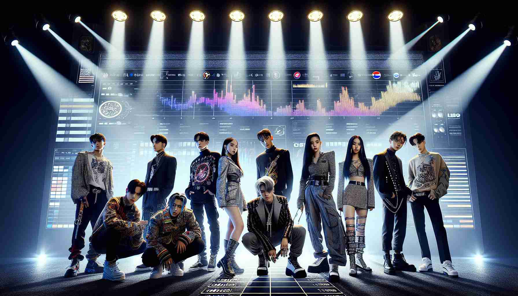 HD image portraying a group of K-Pop stars, standing on a global music chart-themed stage with spotlights illuminating them. The group consists of seven individuals, each bringing their unique style and energy. On the left, there are three members: a young East Asian male with a chic hairstyle, a South Asian female in stylish streetwear, and a Middle-Eastern female illuminating the area with her vibrant clothing. On the right, there are three members: a Caucasian female with a sleek, edgy look, a Hispanic male with a flamboyant style, and a Black male with a cool, laid-back appearance. In the center, the leading figure stands out with an enigmatic aura, the individual is an East Asian male exuding confidence and charisma. The background features a large screen displaying music charts with the group's songs soaring high, dominating the global music scene, representing the new wave of K-Pop.