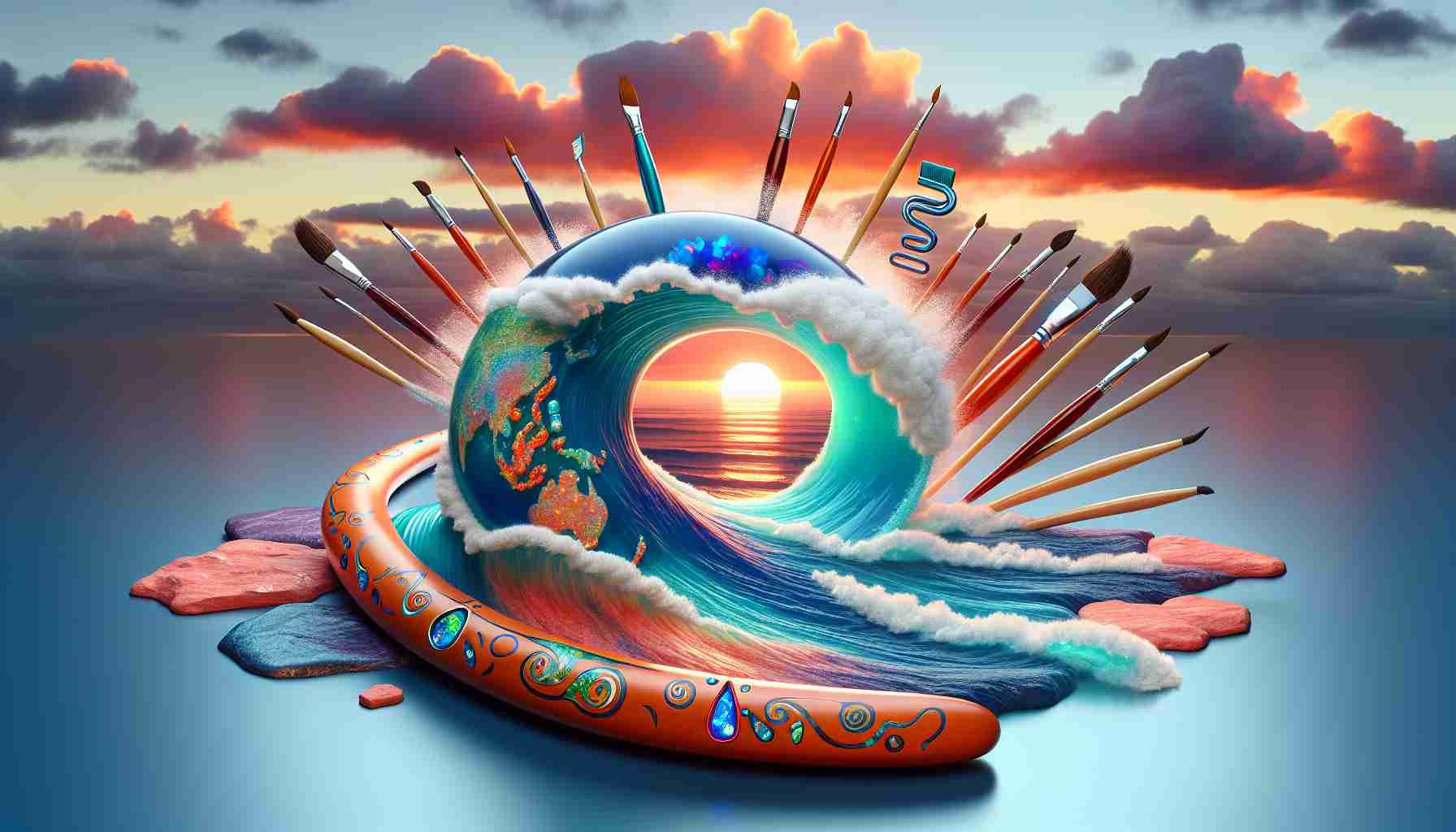 HD visualization of a conceptual representation symbolic of the New Wave Australian Arts scene. It can show items such as a wave carved of opal gemstone, representative of national treasure, circumventing a globe, indicating the worldwide spread of the art. Add A boomerang with paintbrushes and pencils tied to it, cruising the wave, stands for indigenous heritage and creativity. The sky in the backdrop could be a vibrant sunset with streaks of orange and pink, a nod to the beautiful Australian landscapes.