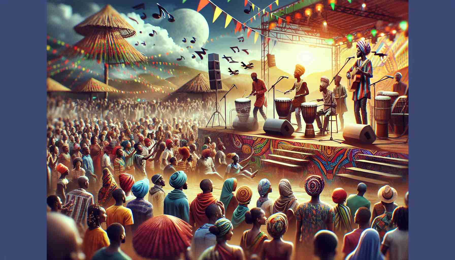 Create a high definition image that portrays the exploration of musical fusion in East Africa. Depict a lively scene of an outdoor music festival, boundaries of genres being blurred as traditional African instruments combine with contemporary global sounds. Feature a diverse crowd of people, men and women of various African descents and international visitors, all absorbed in the rhythmic beats. Add details of vibrant musical instruments, dynamic stage settings, and the richly colored cultural attire of the people of East Africa.