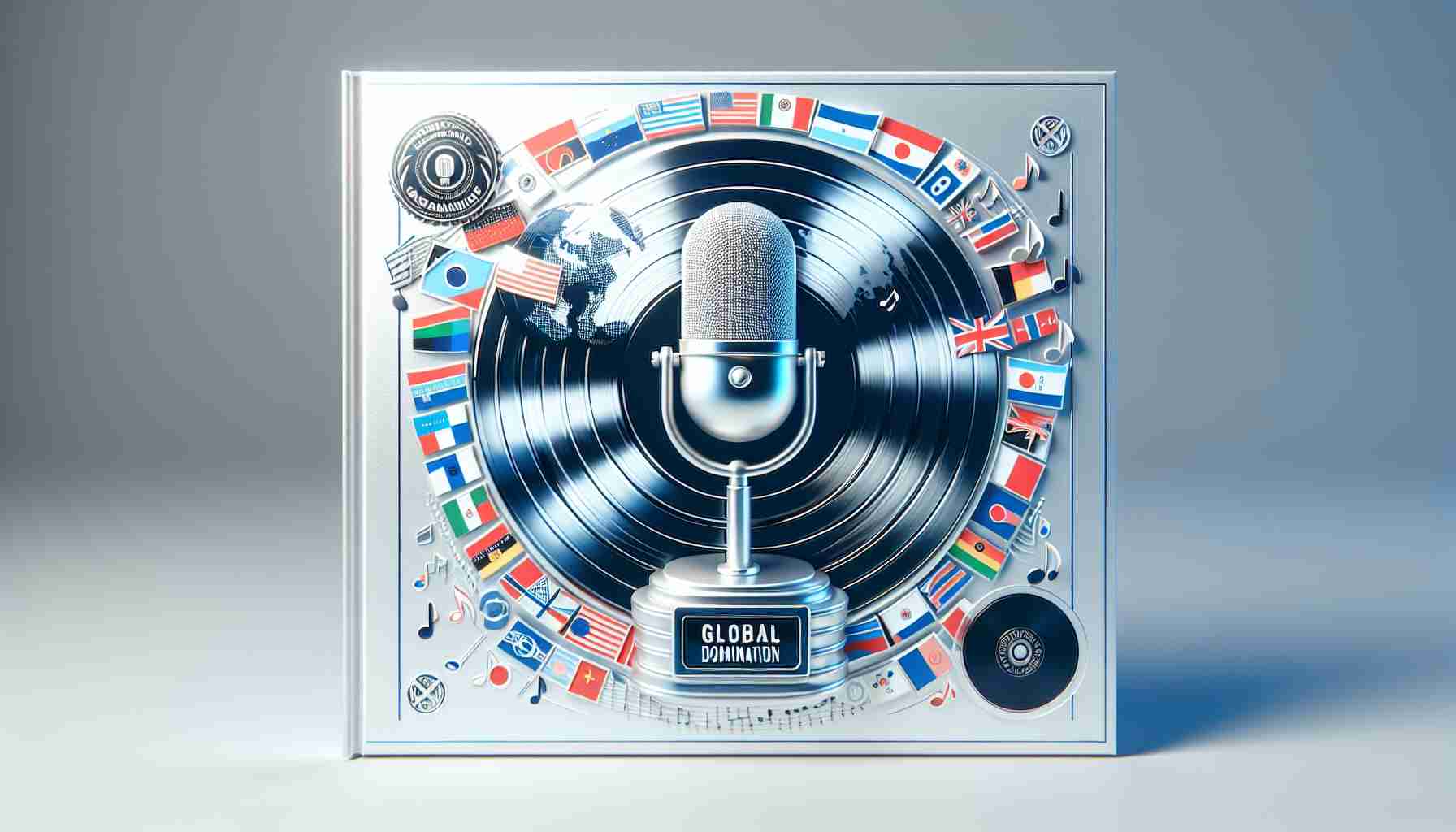 A realistic, high-definition image of an album cover representing global music chart domination. The album cover features a stylized microphone, notes, and various national flags to symbolize worldwide success. It's embellished with a platinum-record emblem, indicating its status as a top-selling album. The main color scheme of the cover is white and blue to symbolize peace and harmony in the world of music. Let the title of the album be 'Global Domination'.