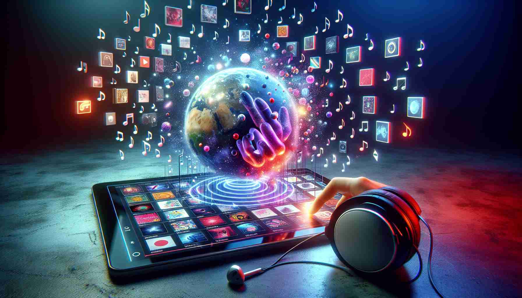 Generate a high-definition, realistic image of a scene representing the concept of personalizing your own musical universe on a music streaming application. Include visual metaphors such as a user interacting with a digital device to arrange playlists, music notes floating around in space, headphones resting near the device, and the glowing screen displaying vibrant album arts. The distinctive colors used by the application, such as red and white, should be prominent, but avoid any specific branding or logo.