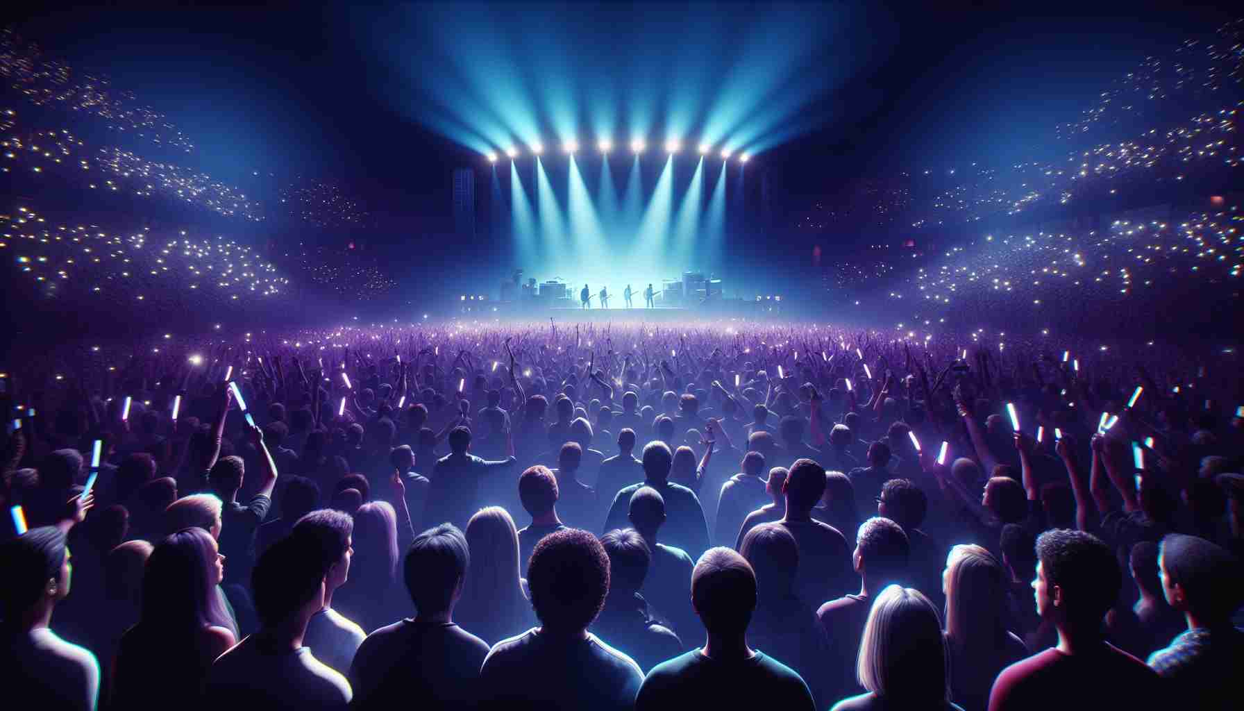 A highly detailed and realistic image capturing the emotional intensity and anticipation typical of a fan experience at a live Oasis concert. There is a sea of fans, of all descents like Caucasian, Hispanic, Black, Middle-Eastern, South Asian, and White equally present and of varied gender, waving light sticks in the dark. The stage in the distance is bathed in vibrant shades of blue and magenta lights, with silhouette of band members performing. The atmosphere is charged with euphoria, excitement and the magic of live music.