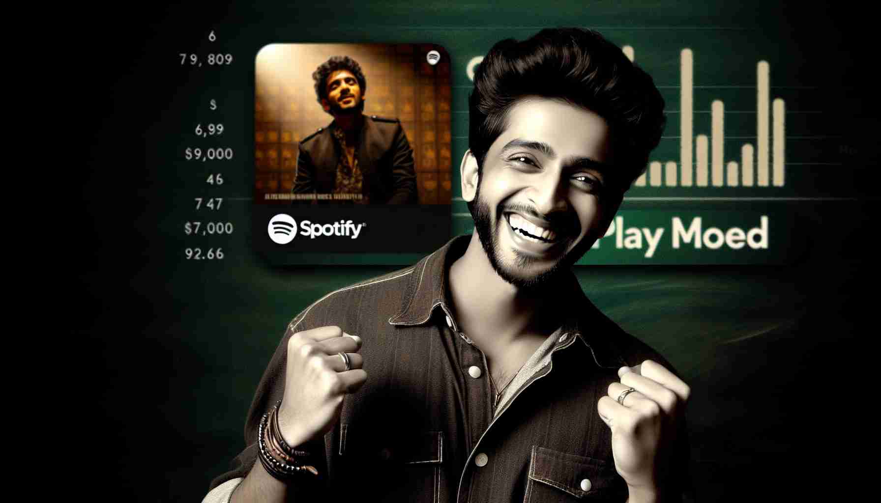 An HD photo of an Indian singer who has notably surpassed a globally renowned musician on Spotify. The singer is seen flashing a victorious smile, indicative of the achievement. The background is a collage of the Spotify interface, highlighting the play counts demonstrating the singer's newfound pinnacle of popularity.