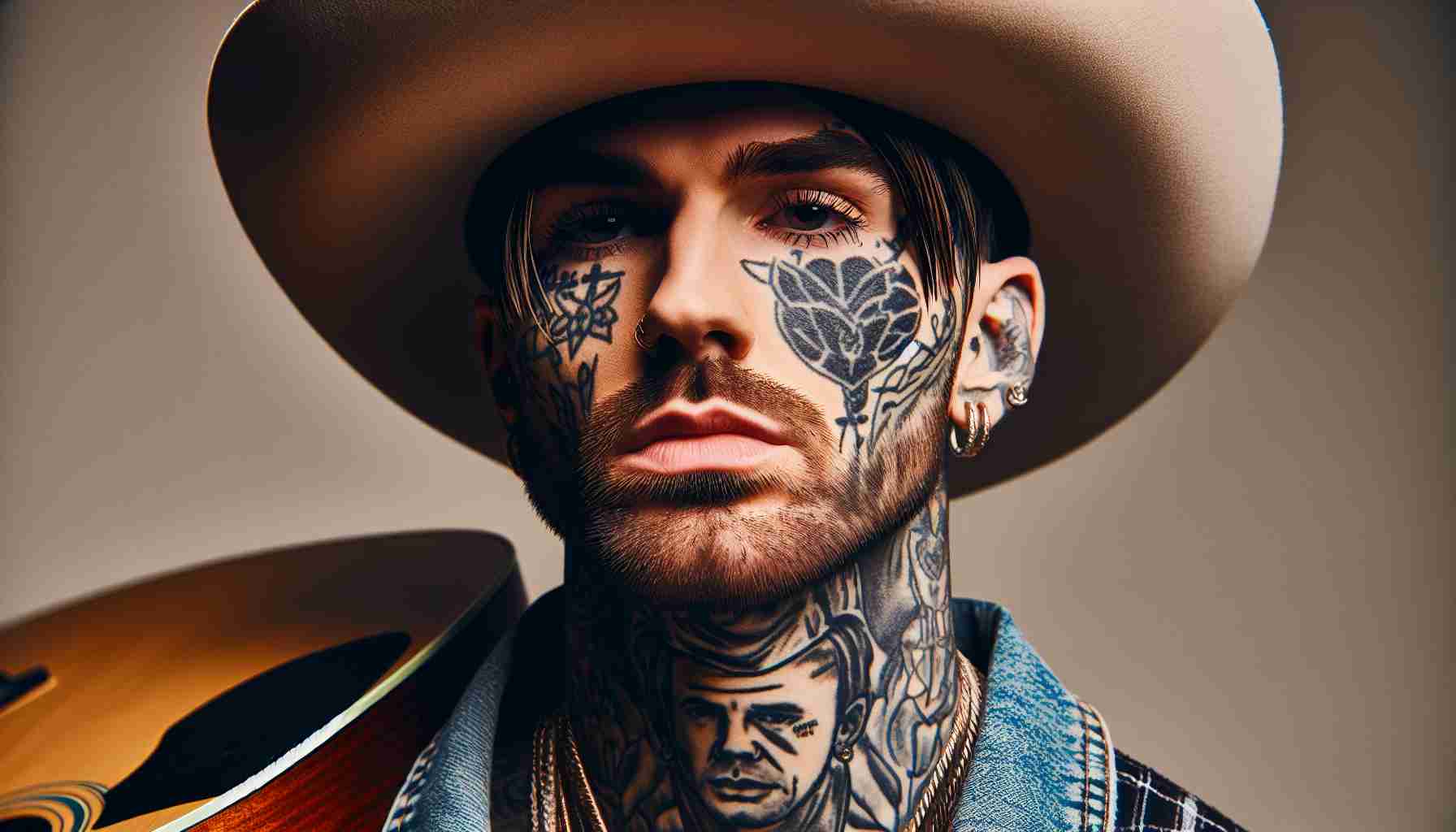 A detailed picture of a popular male musician known for his face tattoos, who typically indulges in hip-hop genre, is now venturing into country music with the release of his latest album. He can be seen wearing his characteristic cowboy hat, holding a guitar. His expression portrays a sense of contemplation and passion towards the new musical endeavour. Remember that the man in question should not be recognized as any real-world personality.