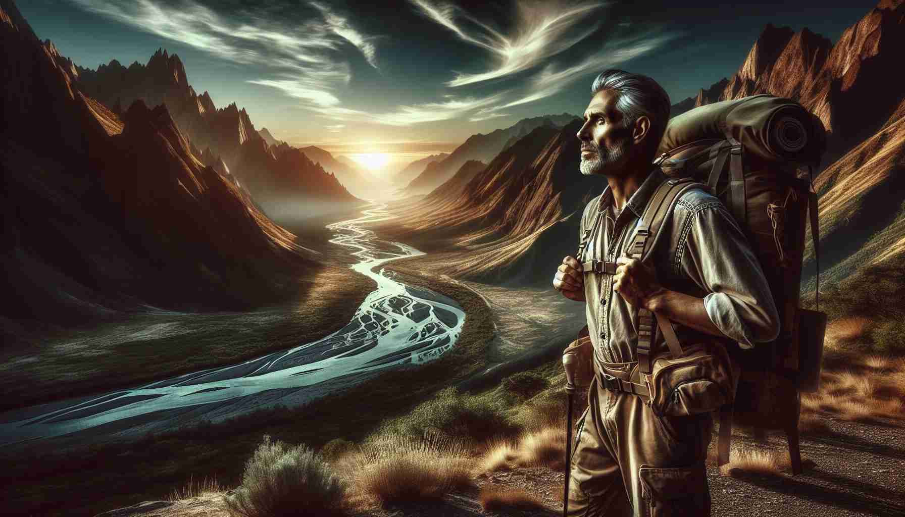 High-definition image capturing the concept of exploration of new frontiers. Depict an uncharted landscape with a vast expanse of unknown territory. Include natural features like mountains, forests, and rivers, along with a sunrise symbolizing the dawn of discovery. There should be a lone explorer, a middle-aged Middle-Eastern man, in the foreground, equipped with gear suitable for exploration such as a backpack and sturdy footwear. His expression should reflect wonder and determination.