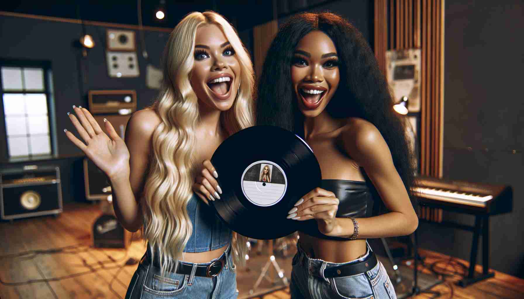 Create a high-definition, realistic image of a blonde-haired female singer and a female singer with long, black hair announcing their surprise collaboration on a new single. They both are holding a vinyl record with the label of the new single visible. They're excited and full of smiles, reveling in the success of their joint project amidst a backdrop of a music studio filled with instruments and recording equipment.