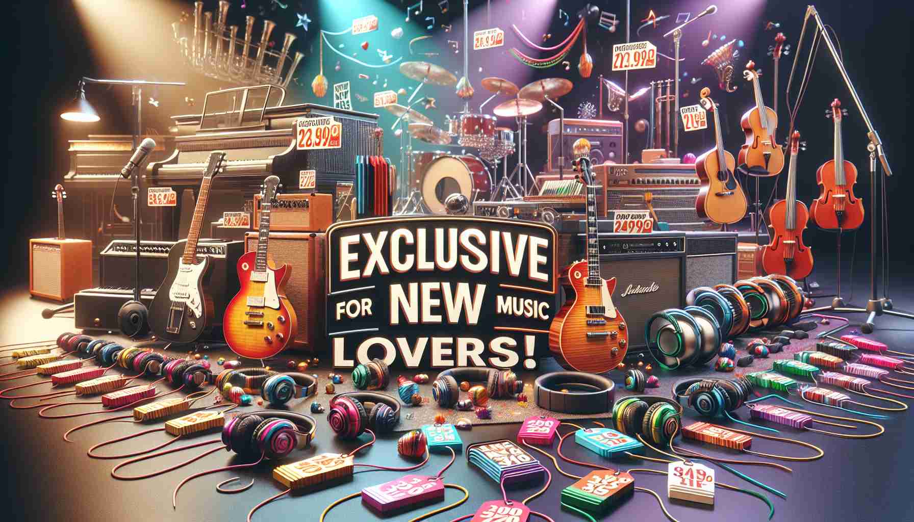 Generate a high definition, realistic image depicting a special promotional event for music enthusiasts. The scene captures an attractive display featuring various instruments like guitars, pianos, violins, and a range of professional quality headphones. Prominent features include the text 'Exclusive New Deal for Music Lovers!' in bold, eye-catching lettering, with an array of brightly colored festive decorations that suggest a celebratory, joyous ambiance. In the foreground, attractive discount tags should be visible, drumming up excitement about the amazing savings at hand.