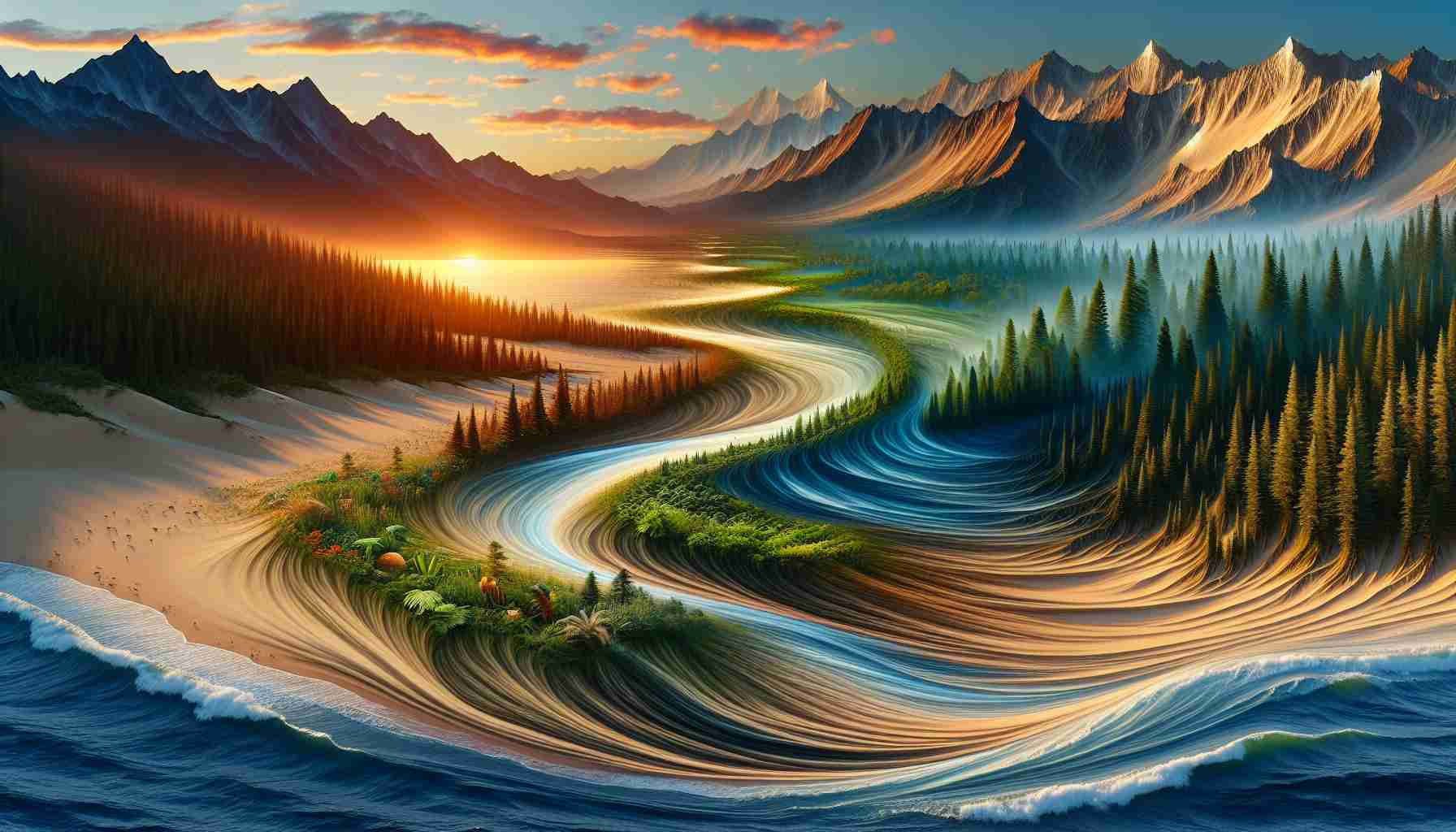 Generate a realistic, high-definition image of a dynamic, changing landscape. This contains elements of both mountains and rivers, with a clear shift in the scene from dense forest to barren desert. It could be dawn, with the first light casting warm hues on the evolving terrain. Elements like pines, ferns, wildlife, sand dunes, cacti can be visible as we move from one landscape to another. This streaming landscape is supposedly in a constant state of change.