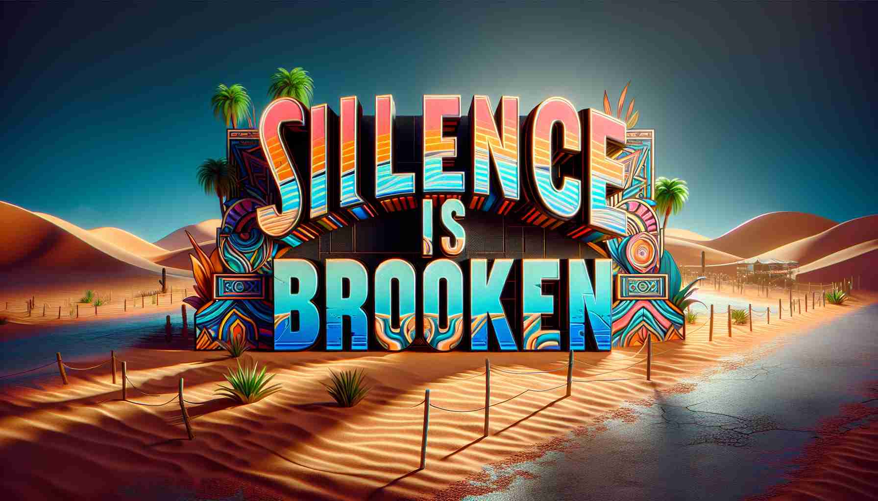 High definition, realistic image of a dynamic music festival announcement scene. The lettering 'Silence is Broken' is bold and weighted, placed centrally in vibrant colors against a backdrop that suggests a lively, anticipated music event. There are hints of an oasis theme, with palm trees and desert accents subtly woven into the design. Please remove any reference to specific bands or names.