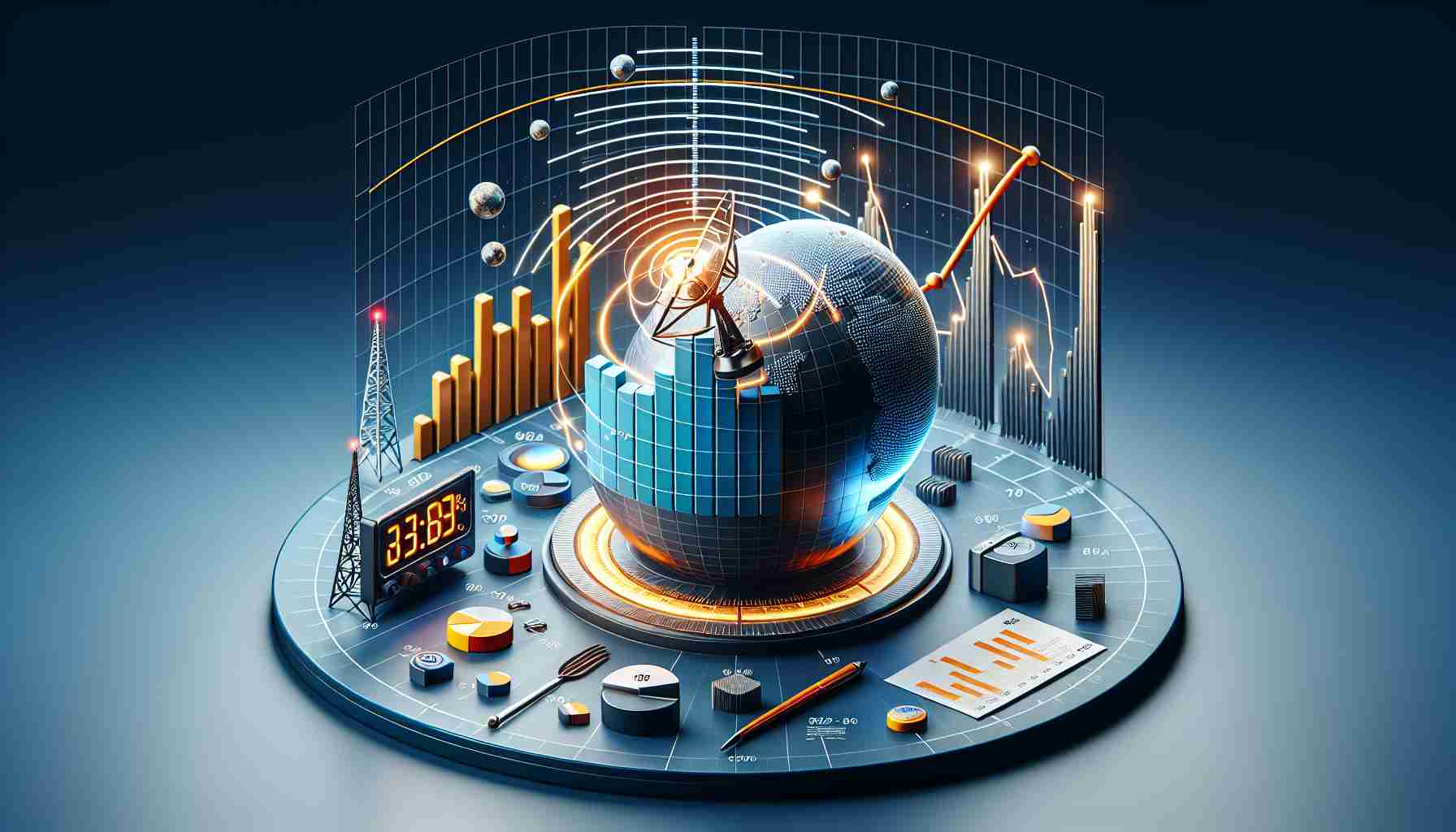 An infographic style image visualising the unexpected growth of a popular international satellite radio company, even in the face of a declining subscriber base. The graphic includes elements such as a 3D-bar chart, line graph and pie chart to portray different statistics. The company logo is presented in the center, radiating radio waves to symbolize its radio transmission capabilities. It's rendered in realistic HD detail.