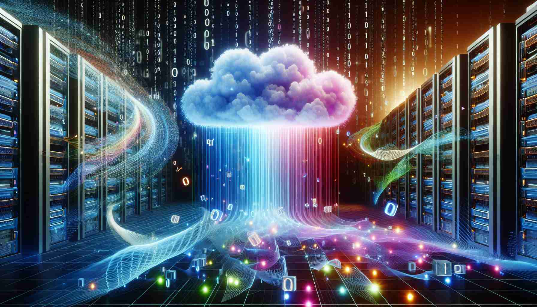 A high-definition, realistic scene that showcases the concept of innovative cloud solutions leveling up. Imagine intricate data flows represented through vibrant, holographic colors. Binary code could be fluttering around, expressing the interaction of digital information and cloud technology. There are servers and computers dynamically connected with beams of light, possibly with a backdrop of a glowing, ethereal cloud. We see the transformation of data into useful information, the metonymic rise of cloud solutions.