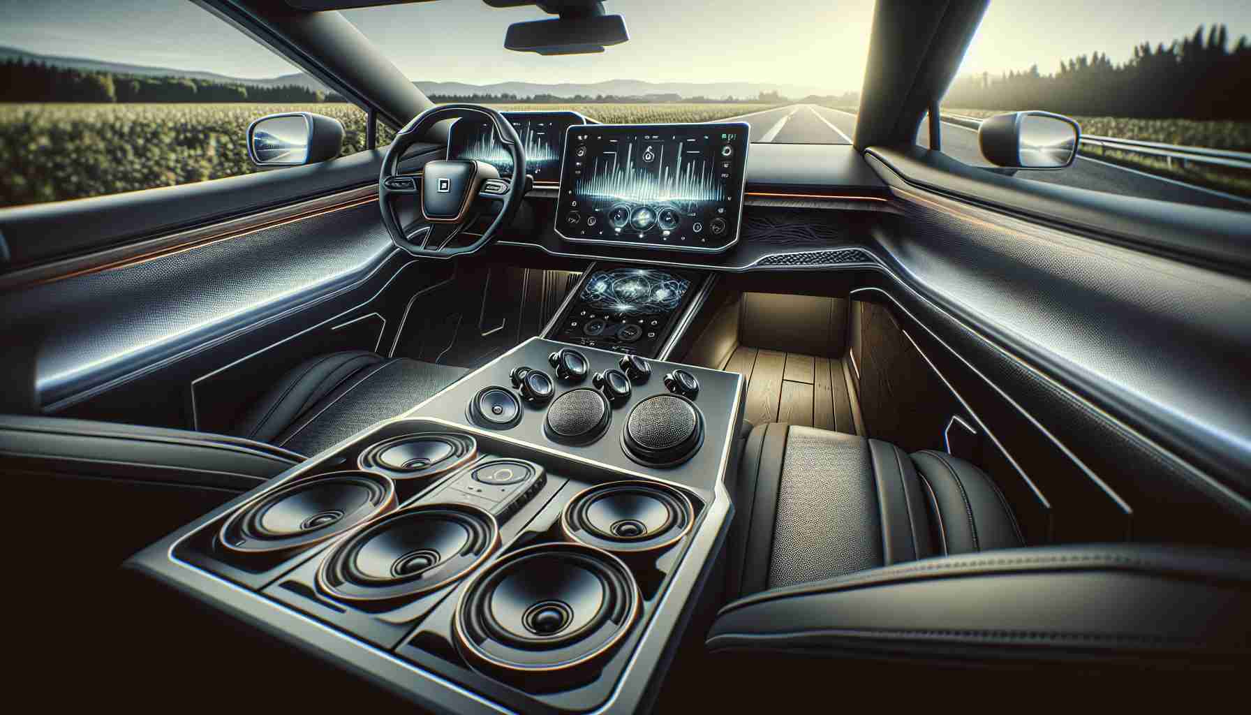 Realistic photographic image showcasing the interior of an electric SUV, emphasizing its sophisticated, high-tech audio setup. The focus is on the intricate speaker arrangement, advanced control panel, and the premium comfort offered. The ambience evokes the sense of an enhanced audio experience. The scene is set on an open road, representing the revolutionizing of road travel with this electric SUV.