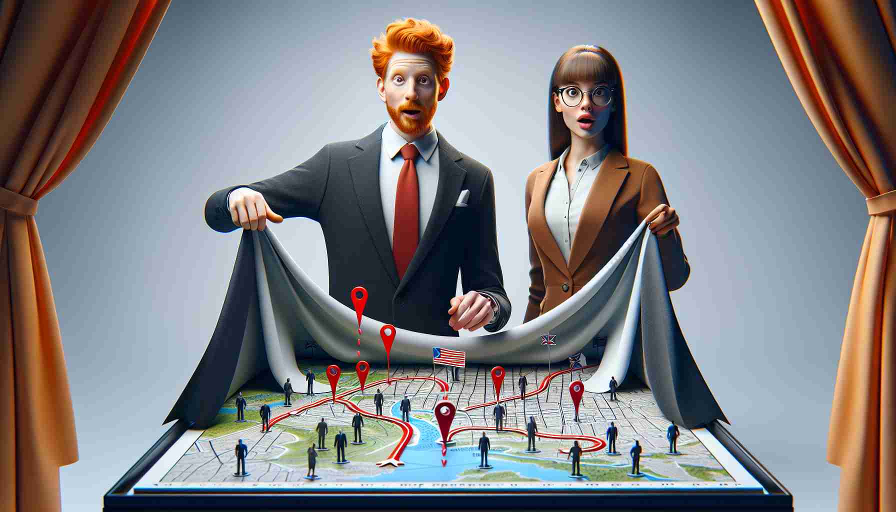 Realistic high definition image of a red-headed male public figure and a biracial female public figure, both smartly dressed, unveiling a strategic pivot, symbolized by a large map with markers and arrows on it, and looking surprised while doing so.