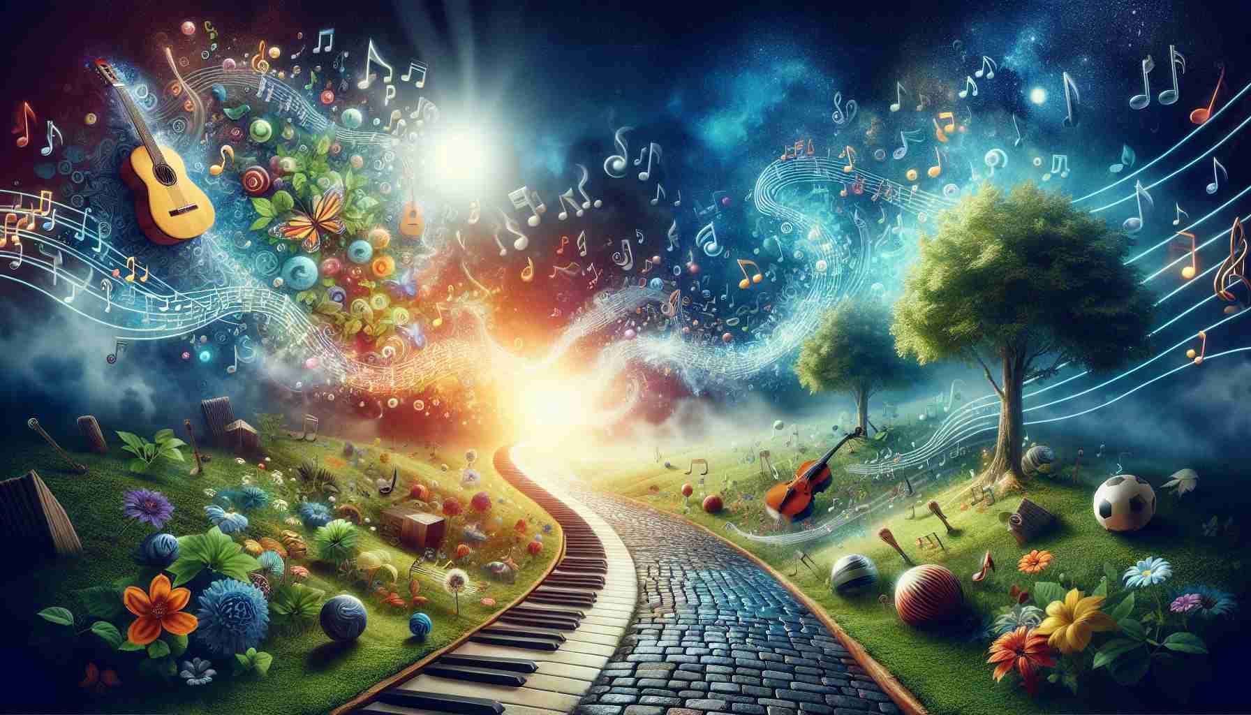 Create a high-definition realistic image that encapsulates the excitement of an upcoming musical adventure. The image should suggest a journey through a harmonious land filled with various elements of music, such as musical notes floating in the air, a path paved with piano keys, and trees with guitar-shaped leaves. Try to invoke a sense of anticipation and adventure through vibrant colors and dynamic composition.