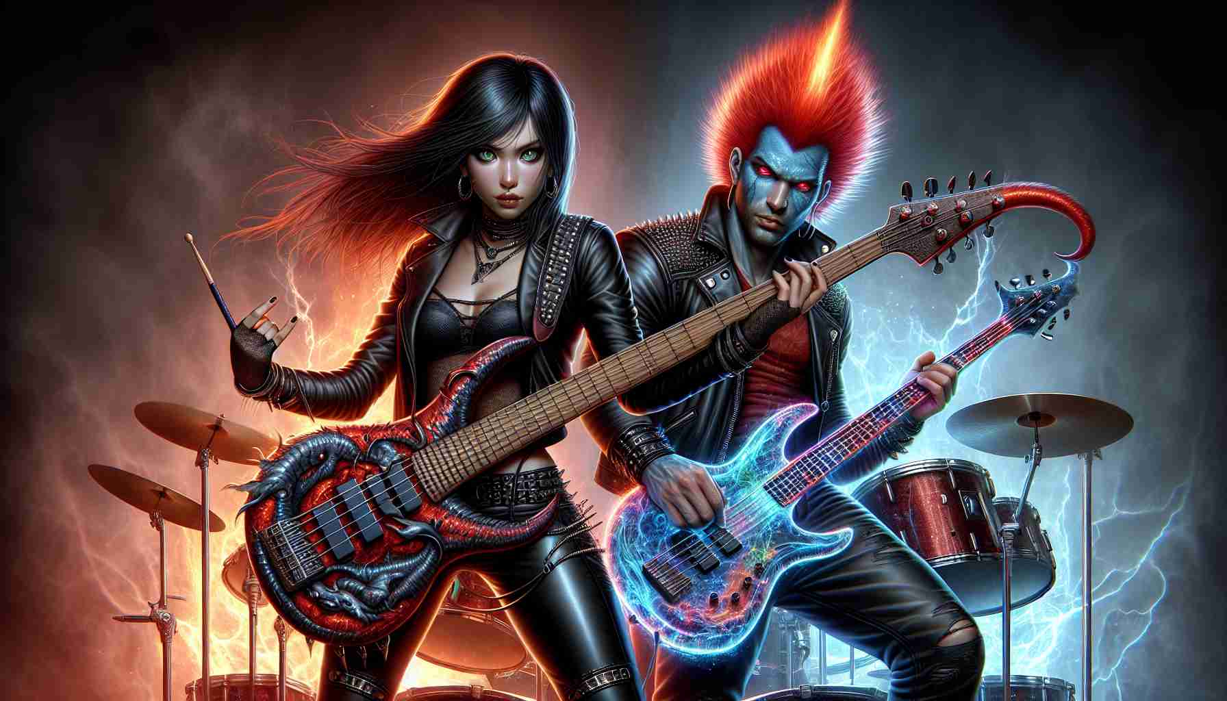 High-definition, realistic illustration of a riveting rivalry between two siblings who are both rock stars. One sibling is an enigmatic female bass player with jet black hair and piercing green eyes, clad in leather attire, holding her unique dragon-shaped electric bass guitar. The other is an audacious male drummer of Herero descent with a flaming red Mohawk, showcasing his explosive energy on his holographic drum set. Their depiction should convey the fierce competition and intense sibling rivalry their music careers have spurred, igniting every time they share a stage.