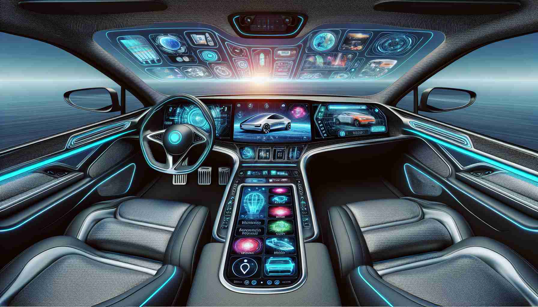 Create a realistic, high-definition image of a visionary future in-car entertainment system. The image should depict a sleek, eco-friendly vehicle's interior, futuristic interfaces on the dashboard, touch screens with a myriad of entertainment options such as movies, music, podcasts, and games. The seats inside are comfortable and spacious, symbolizing advancement in automotive technology and commitment towards revolutionizing in-car entertainment.