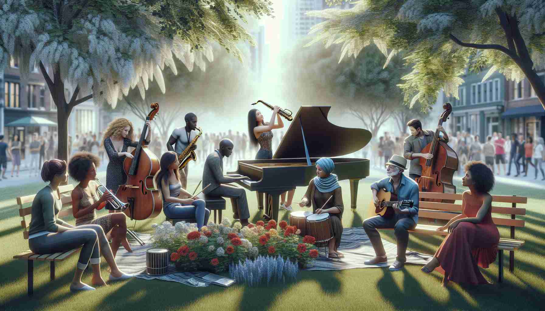 Create a high-definition, realistic image representing the concept of 'Music Unites: A Harmonious Encounter'. The scene could feature diverse groups of individuals such as a Caucasian woman playing a grand piano, a Black man with a saxophone, a Middle Eastern woman strumming a guitar, a Hispanic man on drums, and a South Asian woman playing the violin. They could all be situated in a beautiful park with beautifully blooming flowers and trees swaying gently with the wind, and people should be appreciating their harmonious music on a sunny day.