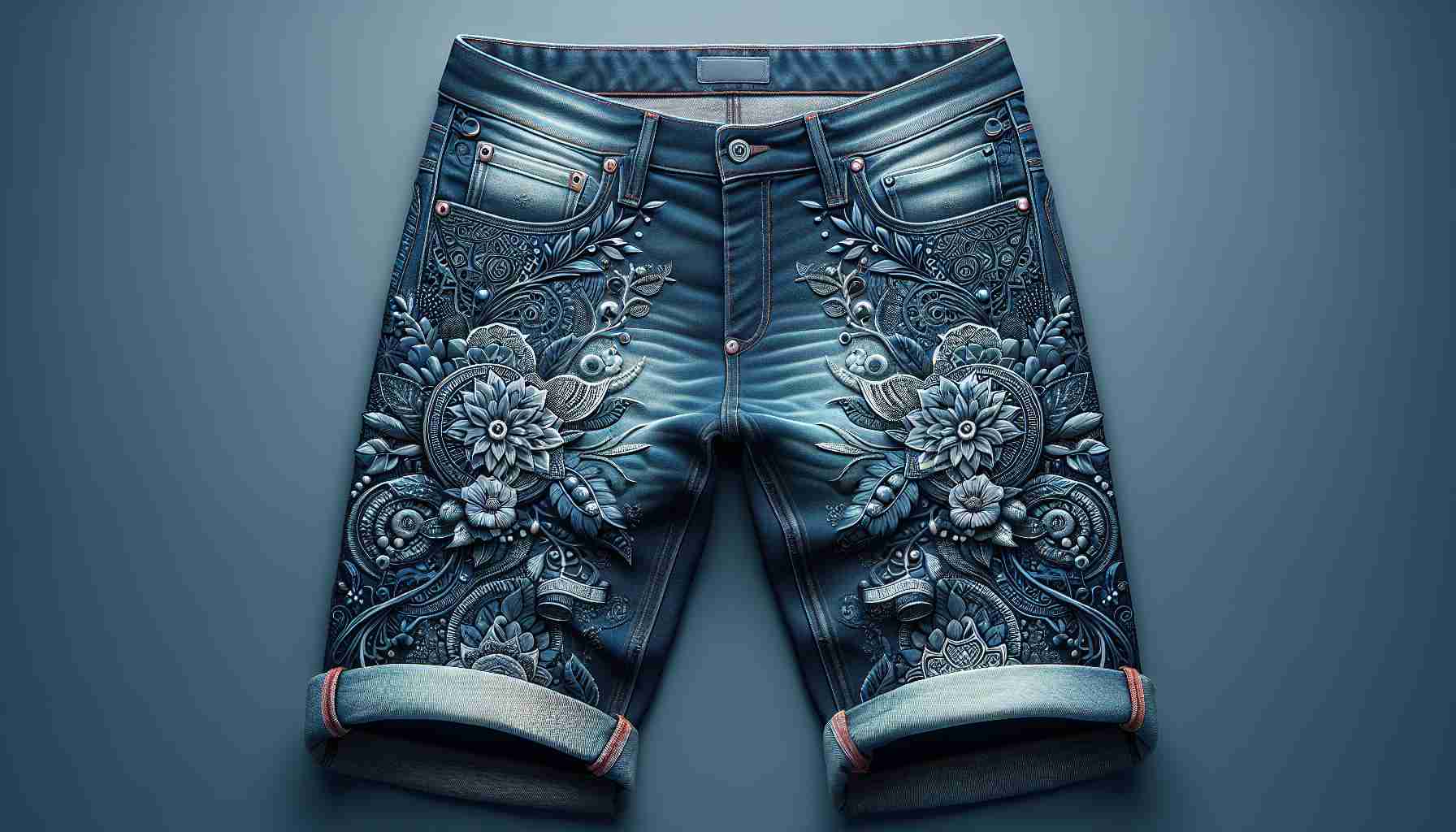 Generate a realistic and high-definition image of a pair of new trendy jeans, with a fashionable style and intricate craftsmanship visible in their design.