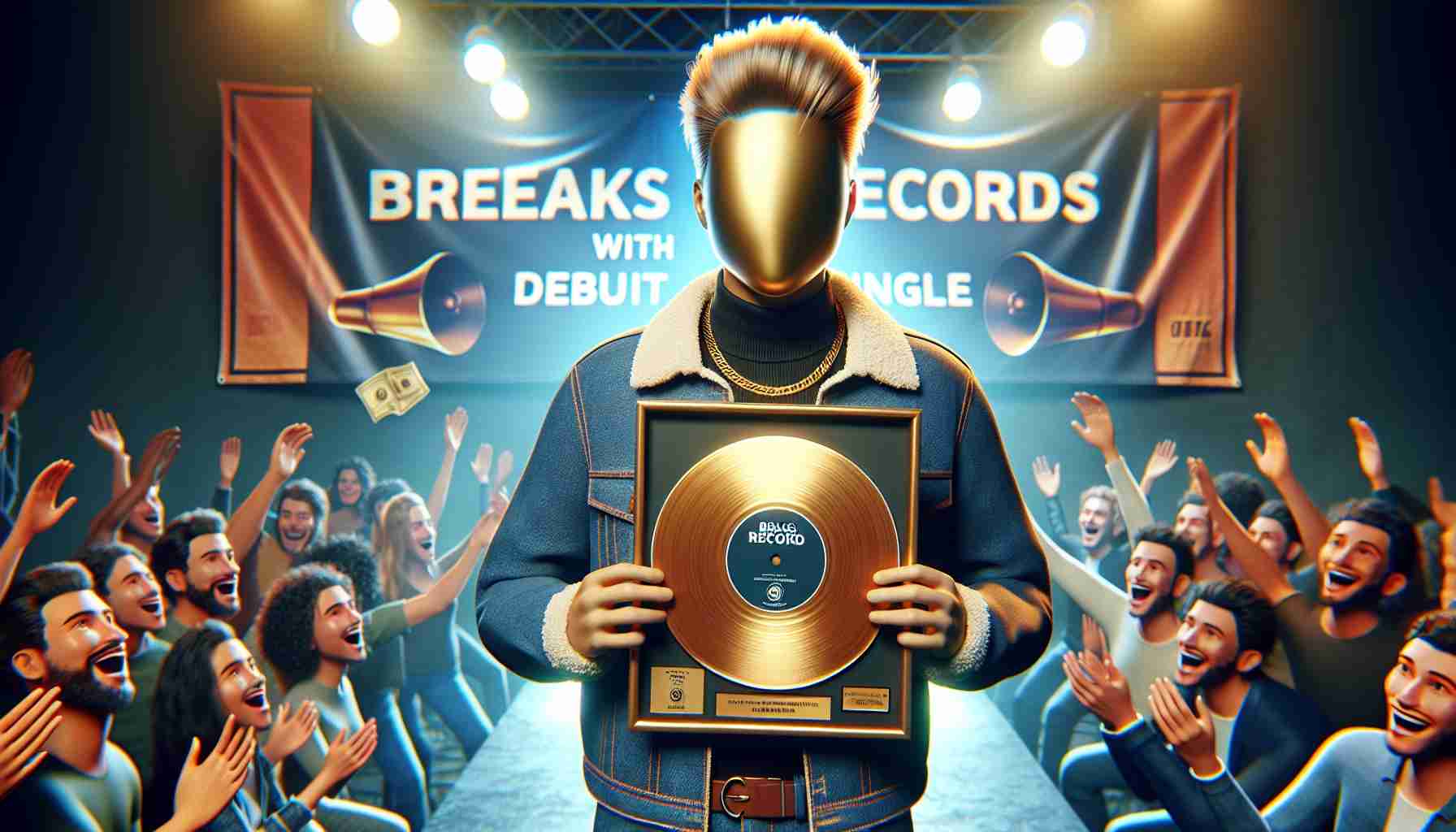 Realistically rendered high-definition image of a breakthrough event where an unknown musician breaks records with the release of their debut single. The scene has a vibrant atmosphere with the musician holding up a gold record plaque, radiating joy and accomplishment. Their features are not defined, to maintain their anonymity, except that they possess a trendy hairstyle and clothing that exudes their musician status. A banner behind them reads 'ILLIT Breaks Records with Debut Single.' Nearby are excited fans, record executives and music producers who are all part of this milestone event.