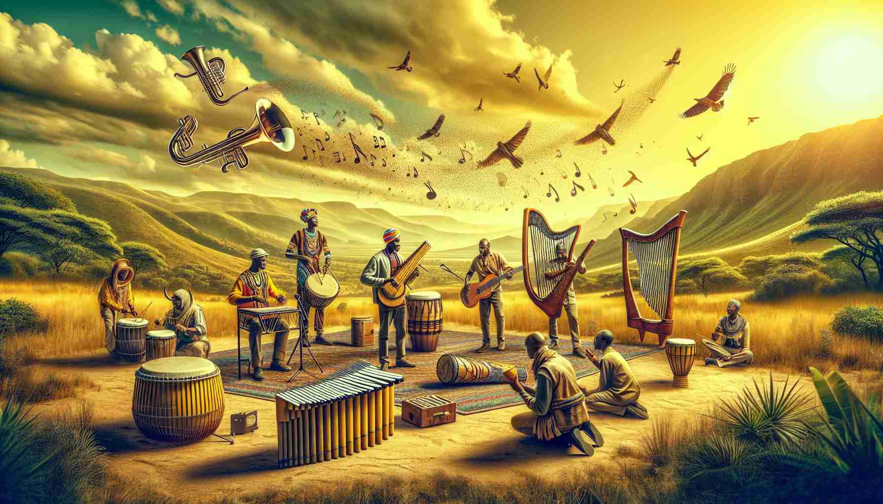 Generate a realistic high-definition image displaying the vibrant soundscape of South Africa. The scene can include South African locals from diverse ethnic backgrounds engaging in musical activities. Capture the unique sights of instruments like the kalimba, kudu horns, and marimbas. Set the backdrop of this musical journey in a typical South African landscape, such as the rolling savanna or a bustling city. Let the scene bring the rhythm and energy of South African music to life.