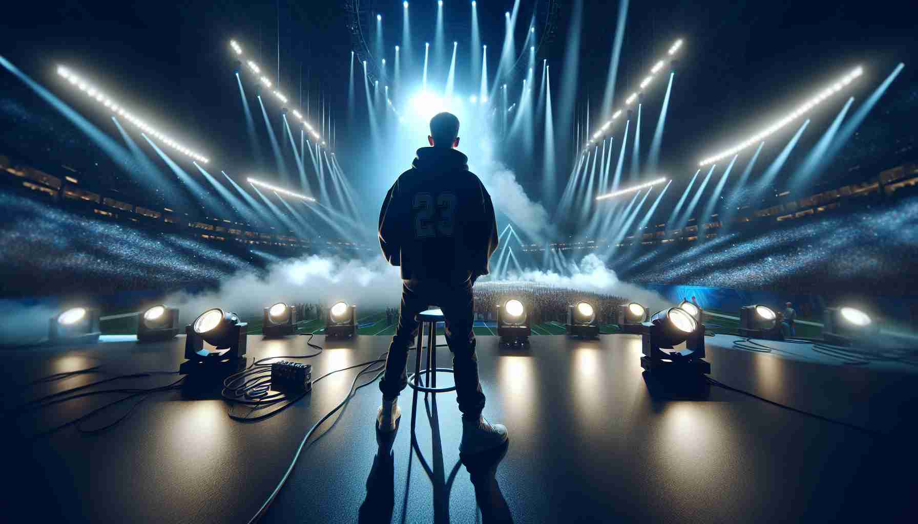 High definition, realistic image of a relevant, modern-day musician who has become a sensation in contemporary music. This individual is preparing to headline the halftime show at a large-scale championship sports event, akin to the Super Bowl LIX. The musician should be pictured in the process of rehearsing, surrounded by extraordinary lighting effects, fog machines emitting a dramatic mist, and a glow of anticipation. Around, the immersive silence of an enormous, yet empty arena is prevalent, awaiting the arrival of a multitude of fans.