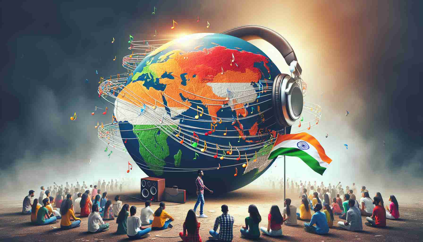 Imagine a high-definition, realistic photograph that visualizes the concept of Indian hip-hop music reaching new global milestones. This could include a colorful, graphical representation of global map being linked by music notes that originate from India. You might also consider including a pair of headphones draped over the map and an Indian flag proudly flying in the foreground, symbolizing the spread of Indian hip-hop music internationally. Surrounding the main scene are people of diverse descents, all enjoying the rhythm and energy of Indian hip-hop, showing its universal appeal.