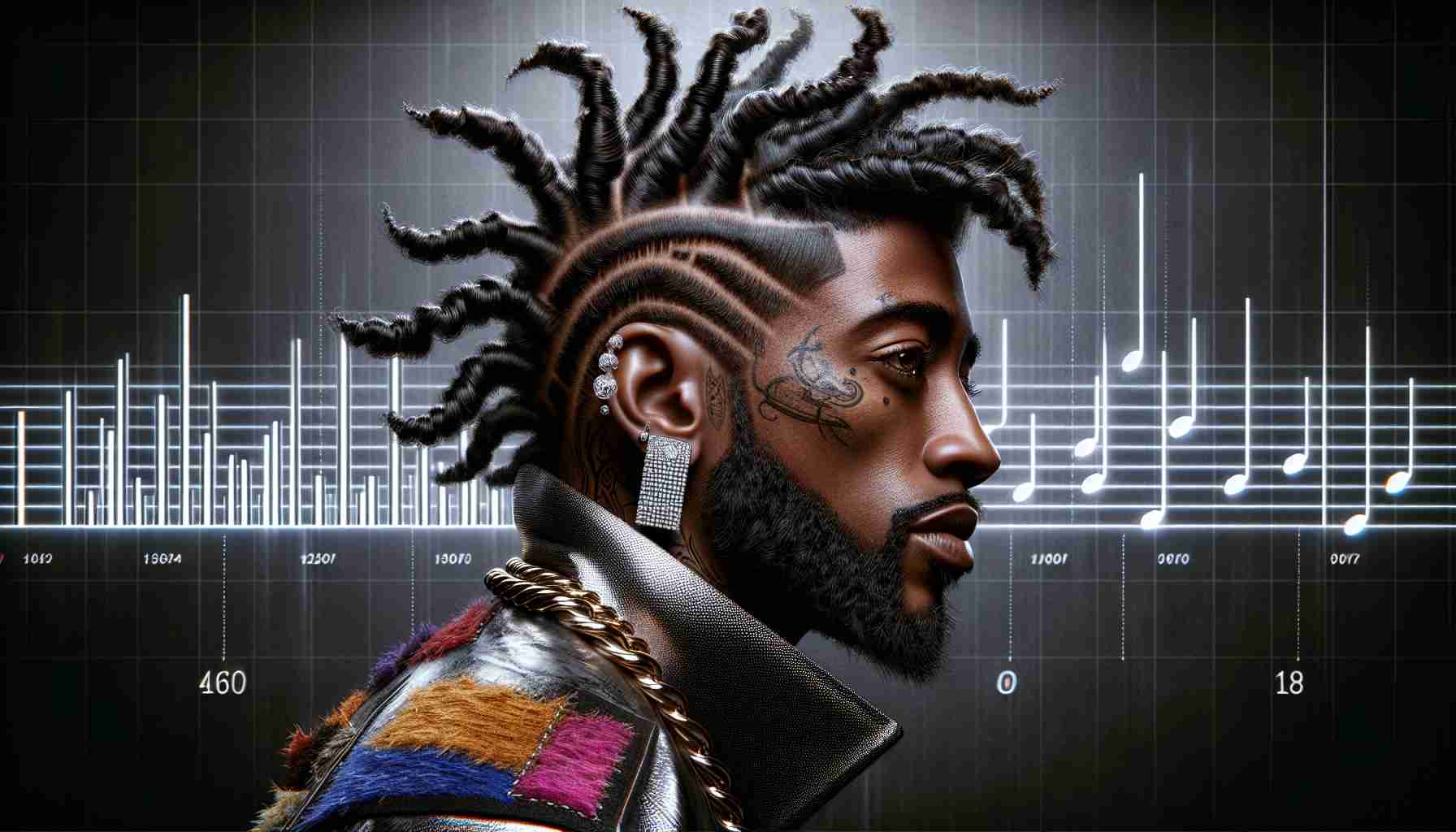 Realistic, high-definition portrait of an accomplished rapper symbolizing a decade of musical evolution: This image should showcase an individual with distinctive, tightly twisted hairstyles, wearing a diamond-studded earring in one ear, and having facial tattoos. He dons a fashionable outfit, maybe a metallic jacket with patches of eclectic colors. His intense gaze speaks volumes of his journey and artistic growth, with a background alluding to beat notes and musical bars morphing over time, representing the evolution of his music over the last ten years.