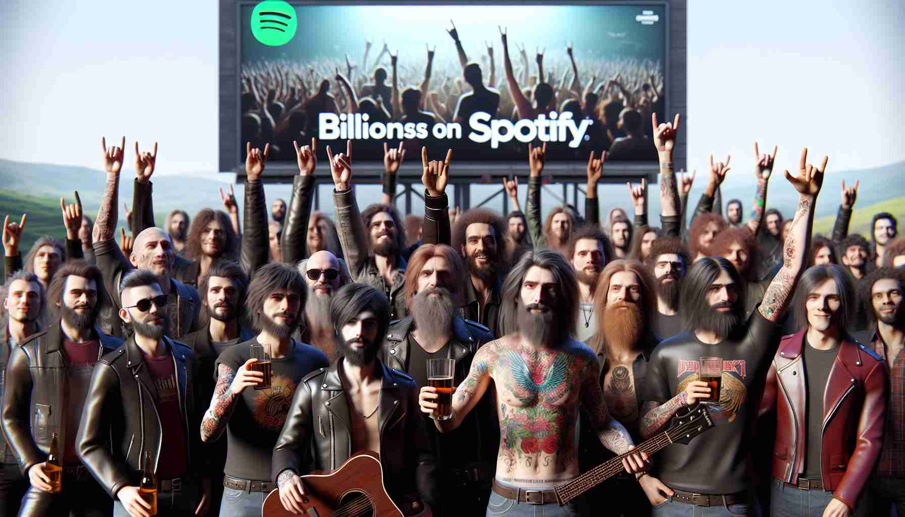 Realistically detailed high-definition image of various group of individuals, who are non-specific but display the typical characteristics of rock and metal musicians, such as long hair, tattoos, leather jackets, and band t-shirts. They are in an atmosphere of celebration, perhaps holding their instruments with joy or raising glasses in toast. In the background, there is a large, digital billboard displaying the 'Billion Streams on Spotify' achievement.