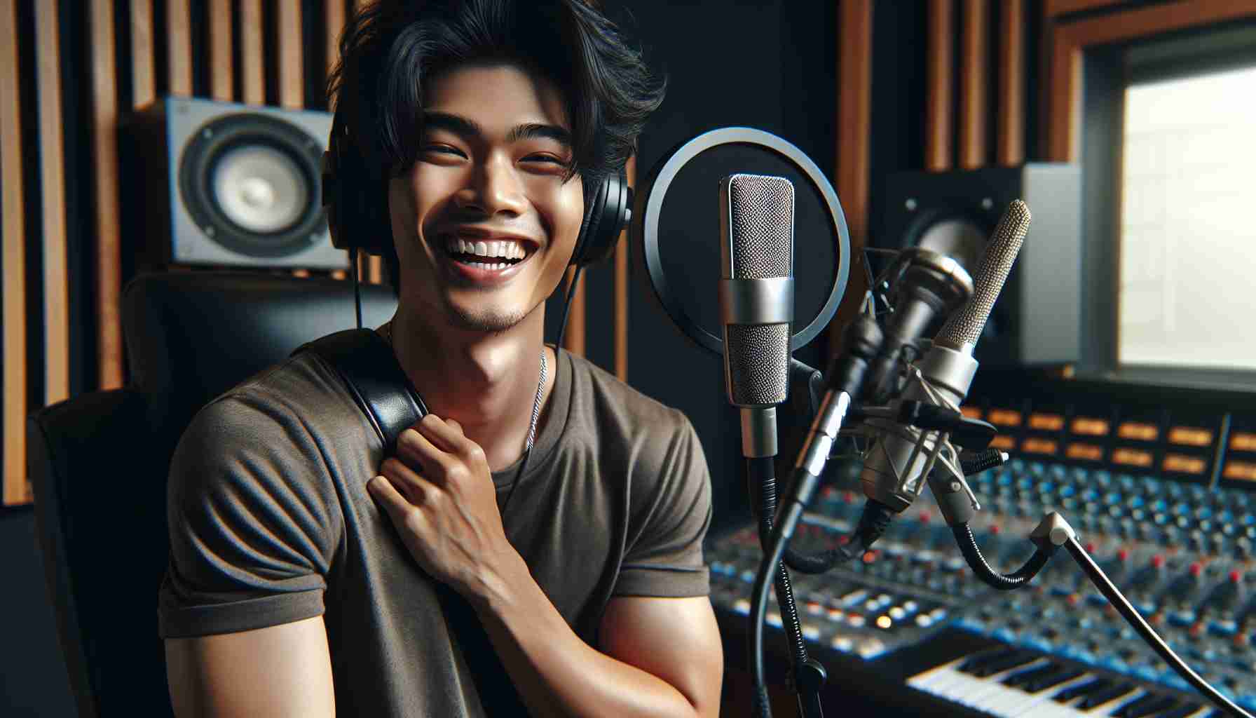 Realistic high-definition image of a young, physically fit Asian man with dark hair enjoying unprecedented success with his solo tracks. He's beaming with joy, surrounded by microphones and music equipment in a professional recording studio. Note, this is not an image of a specific musician but a general representation of a successful young artist.