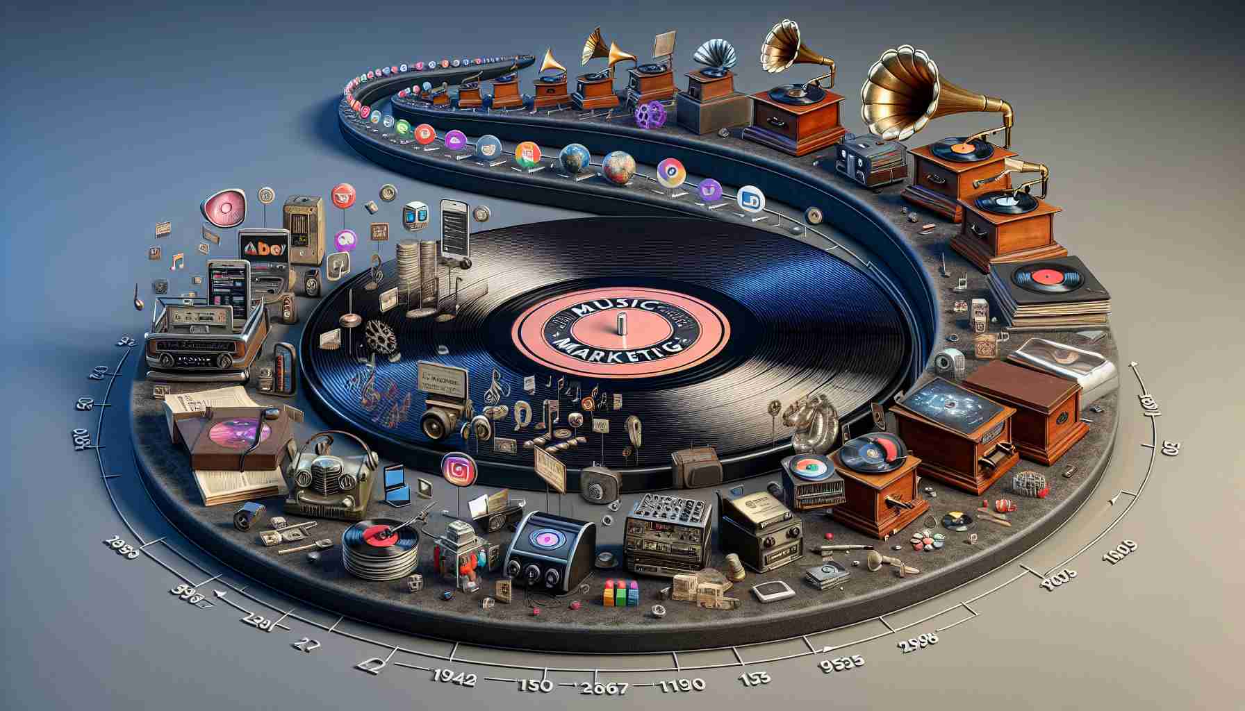 Realistic high definition illustration showing the evolution of music marketing strategies in the digital age. It could include elements like phonographs and vinyl records representing traditional methods, transitioning to digital platforms like music streaming services and social media. Also, elements depicting strategic steps like content creation, SEO optimization, influencer marketing and data analysis could be included. The entire scenario might be visualized as a timeline, with the progression over years clearly visible.