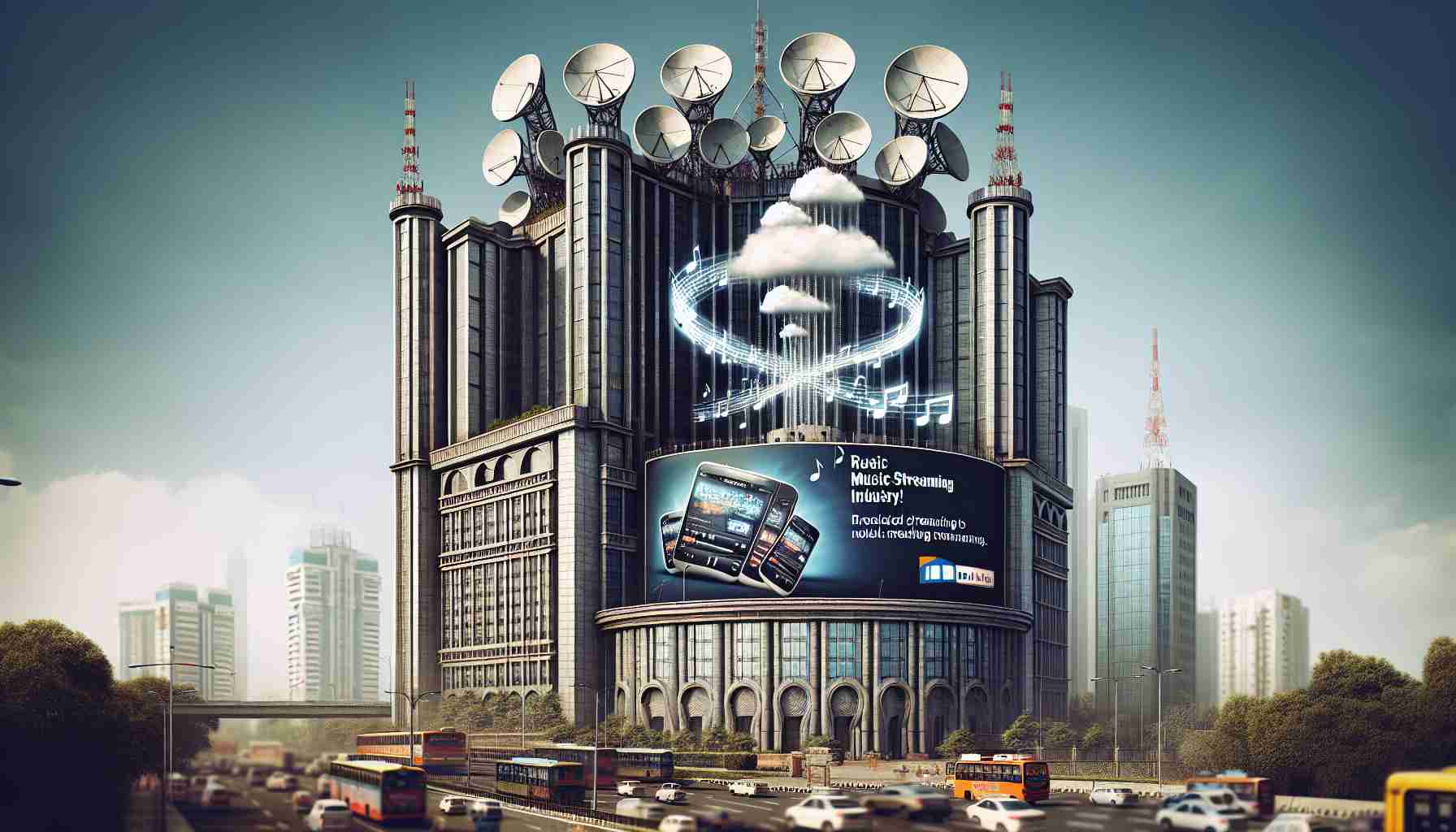 A highly detailed, realistic image featuring an Indian telecommunications company ready to revolutionize the music streaming industry. The image showcases an imposing skyscraper - the company's headquarters - equipped with large satellite dishes and antennas on the rooftop to signify its strong network connectivity. In the foreground is a billboard with the company's logo, announcing its venture into the music streaming service with bold, eye-catching font. Musical notes and cloud symbols swirling around the building, representing wireless streaming of music. The image should capture the hustle and bustle of the cityscape as well.