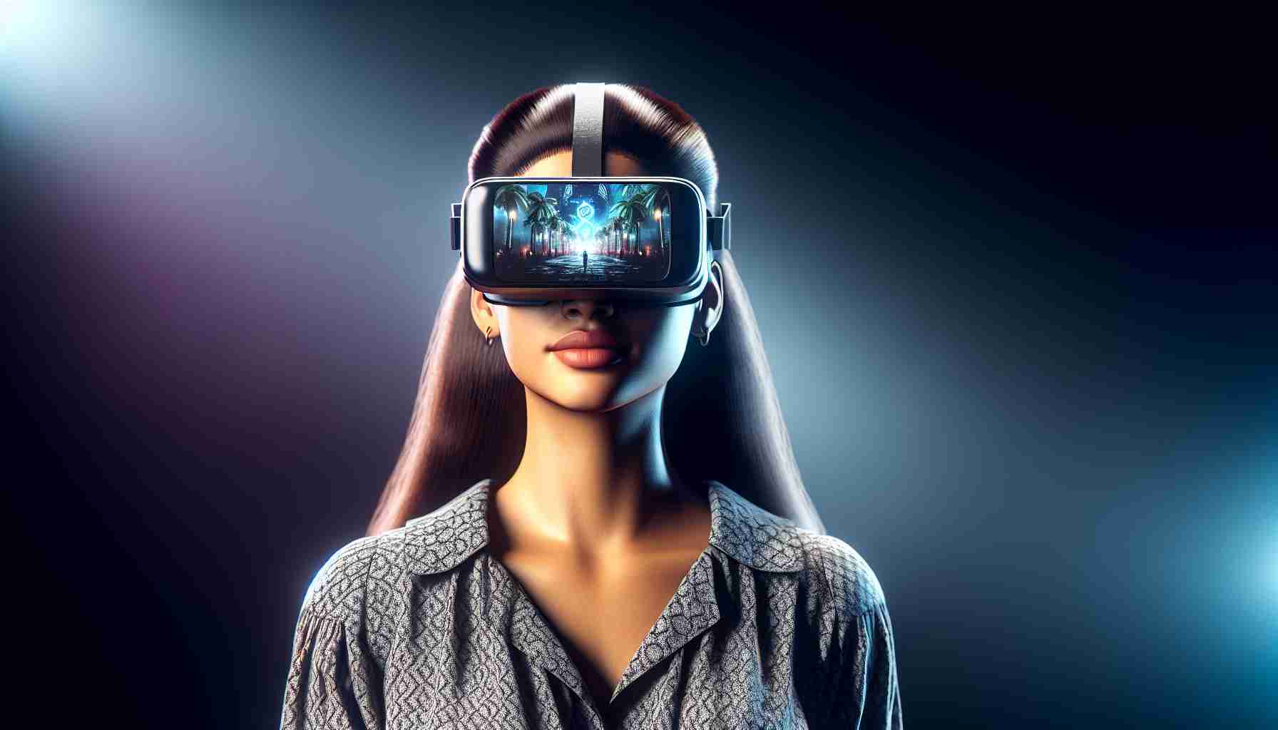 Realistic high-definition image of a Cuban-American young woman with long brown hair showcasing a virtual reality headset. She exhibits a strong stage presence, hinting at her being a popular performer. The scene is immersive and innovative, suggesting a virtual reality experience.