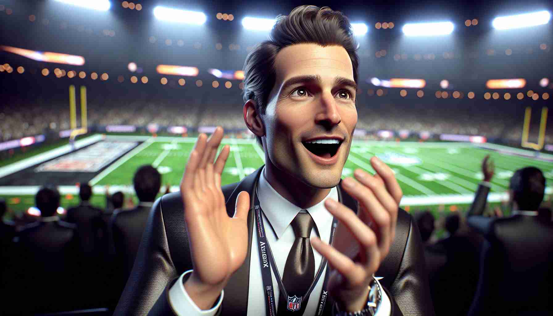 Realistic high-definition image of an ecstatic sports commissioner, who could be male, middle-aged with short hair and medium build, during the halftime show of a grand American football championship event, similar to Super Bowl LIX. His eyes are wide in anticipation while he claps his hands in excitement. He is dressed in a bespoke dark suit, crisp white shirt, and a choice silk tie. The stadium lights shine brightly on him and the atmosphere around him is absolutely electric.