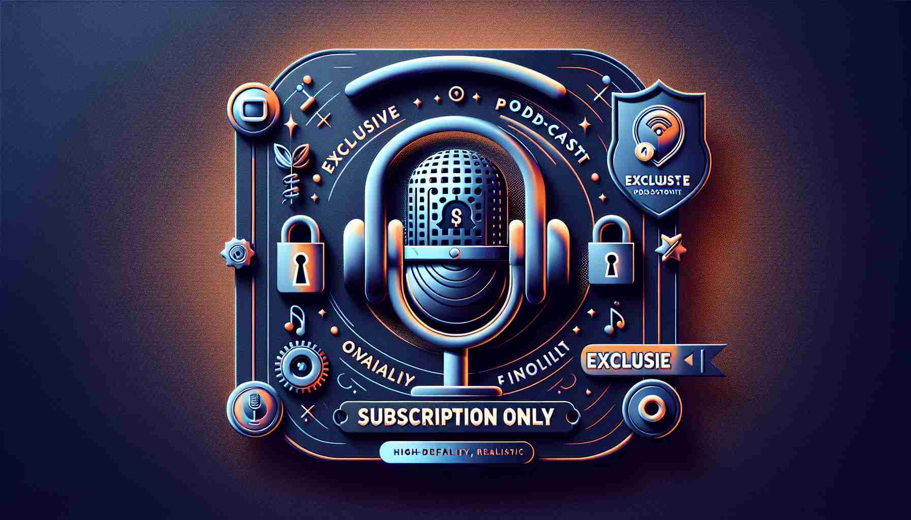 Create a high-definition, realistic image that signifies exclusive podcast content available only through a subscription. This image might include visuals such as a beautifully designed graphic of a podcast microphone or a pair of headphones, symbols such as a padlock suggesting exclusivity and a ticket or pass depicting subscription access, and text phrases like 'Exclusive Podcast Content', 'Subscription Only', all rendered in attractive and inviting colors.