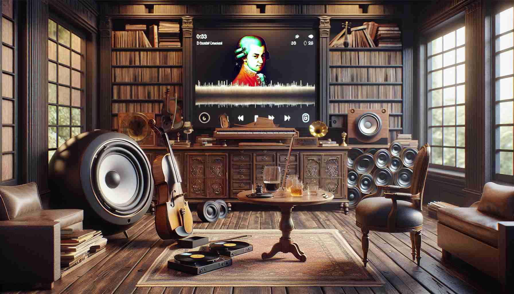 Render an HD image of a modern and unique classical music experience, representative of a digital music platform. The scene could depict a classy music room with vintage wooden furniture. It should include a large, portable speaker, a violin resting on top of a table, and an expansive vinyl record collection. On the room's high-resolution digital screen, it's playing a classical Mozart track, giving a harmonious fusion of the old and new ways of enjoying music. The ambiance of the room is cozy and inviting, designed to enthuse music lovers of all ages.