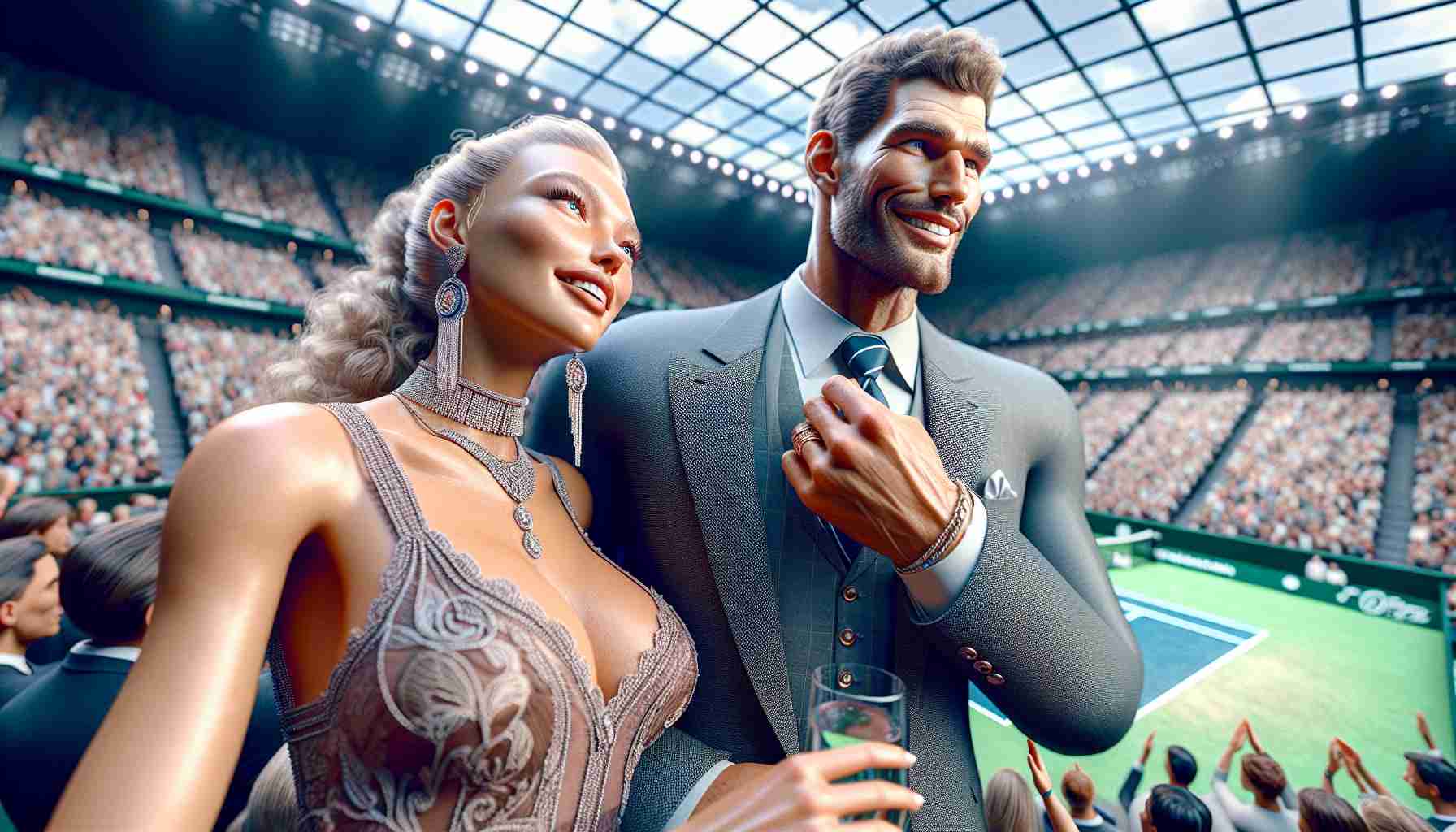 A highly detailed and realistic image of a tall, strong male professional sports player and a famous female pop singer having a pleasant day out in a tennis tournament. The sports player is wearing a fancy suit, and the pop singer is in a stylish dress. They are both watching a tennis match with an expression of enjoyment on their faces, as they are surrounded by a crowd in a colossal stadium.