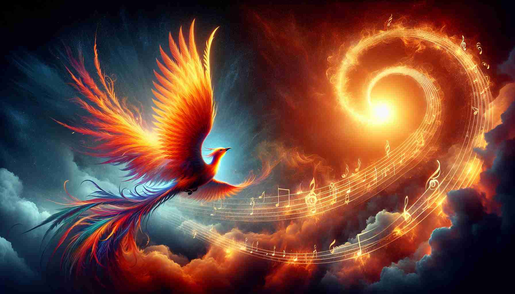 Create a realistic high-definition image that presents the concept of 'The Phoenix Rises.' This could be illustrated by showing a majestic phoenix bird soaring high in the sky, its feathers illuminating the surroundings with bright, warm hues of orange, red, and gold - the splendid representation of rebirth and revitalization. Alongside, visualize a symbol that could represent new musical heights such as a grand crescendo of musical notes ascending into the sky, intertwining with the path of the phoenix. Chiaroscuro should be used to emphasize the vivid colors and provide depth and drama.