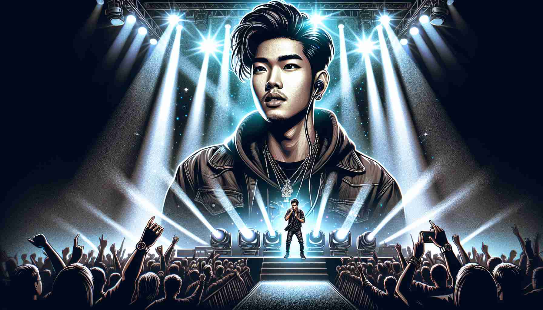 An ultra high-definition illustration depicting an anonymous young Asian man's ascension to international fame in the world of music. This man, possessing stylish hair, a charismatic aura, and fashionable clothing, is seen performing passionately on stage in front of a massive crowd. Bright spotlights shine on him while surrounded by high tech stage effects, such as pyrotechnics and laser lights, capturing the atmosphere of a popular live music concert. His expression evokes dedication, ambition, and the thrill of performing, symbolizing his rise to global stardom.