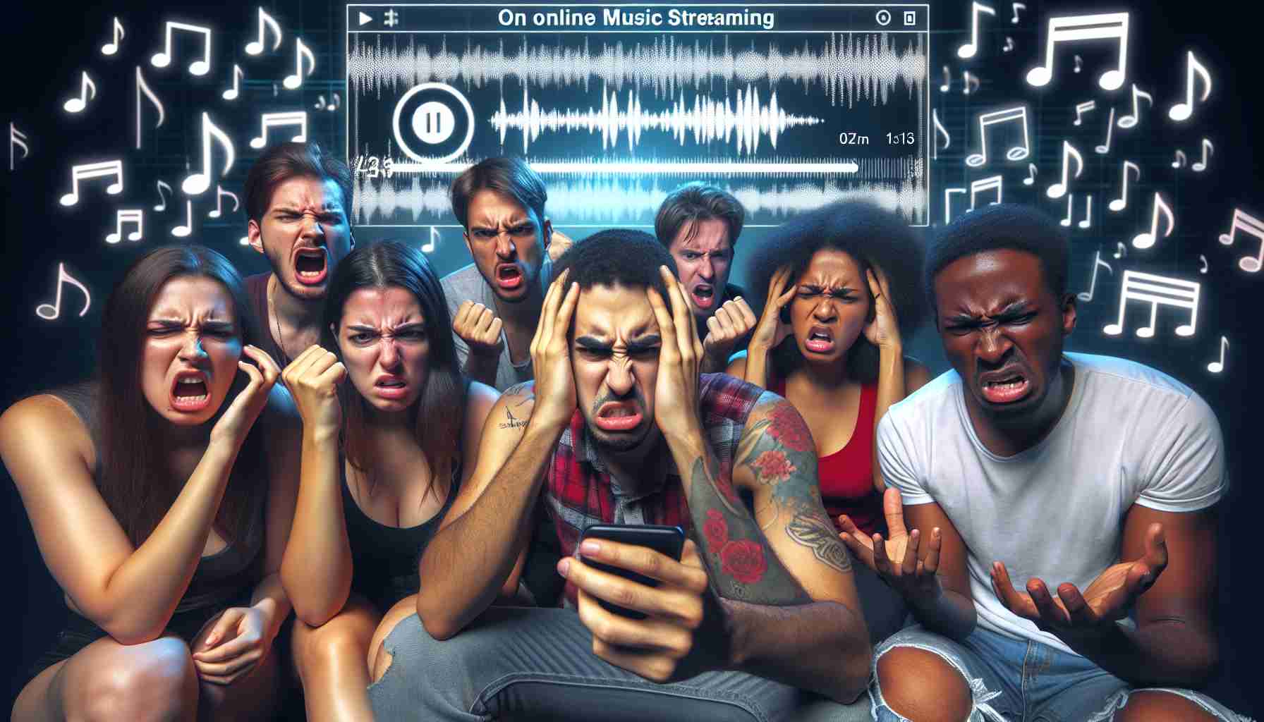 Create a detailed and high-definition image of a group of individuals showing frustration while using an online music streaming application due to the repeated shuffling of songs. The environment is filled with musical graphics and a collection of songs, with their facial expressions reflecting their dissatisfaction. The ethnicity of the individuals ranges from Hispanic, Black, Middle-Eastern, South Asian to White, and both genders are represented.