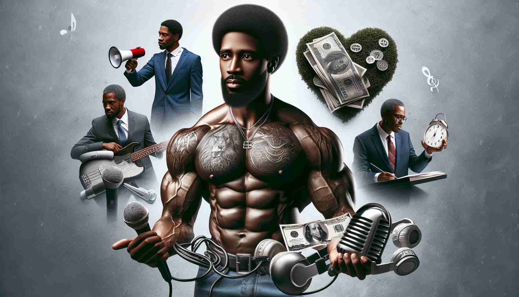 An ultra high-resolution, photorealistic image showcasing the diverse ventures of a muscular, African American artist in his 40s. The picture should depict several different scenes symbolizing various aspects of business activity, like music, entrepreneurship, and philanthropy. Please include a microphone and headphone to symbolize his musical career, a dollar bill and a business suit to depict his entrepreneurship, and a heart to exemplify his philanthropic endeavors.