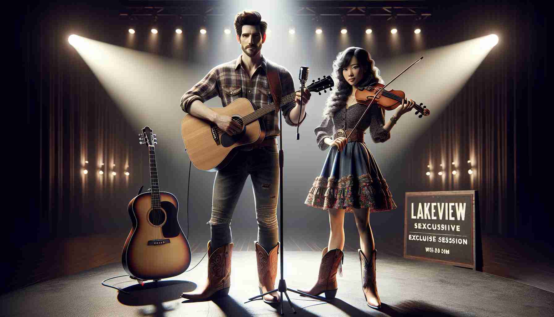 High definition, realistic portrayal of a male and female country music duo named Lakeview, standing with their musical instruments, prepared for an exclusive live session on a digital streaming platform. They are on a stage illuminated with spotlight, showcasing their vibrant country style attire. A banner is subtly presented at the back showcasing 'Exclusive Session'. The male musician is Caucasian with short, styled hair, holds a guitar, and is dressed in rugged jeans and plaid shirt. The female musician is Asian, with her hair styled in loose curls, holding a violin, dressed in a flared skirt and western boots.